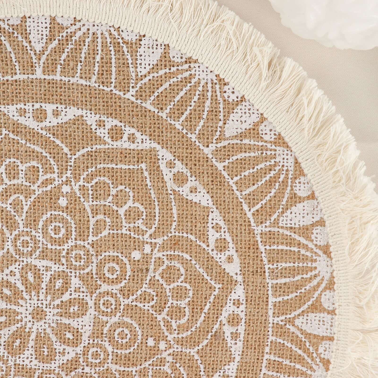 4-Pack Placemats Mandala Print Fringe Design Natural Jute and White Round - Rustic Burlap Tassel Style 15