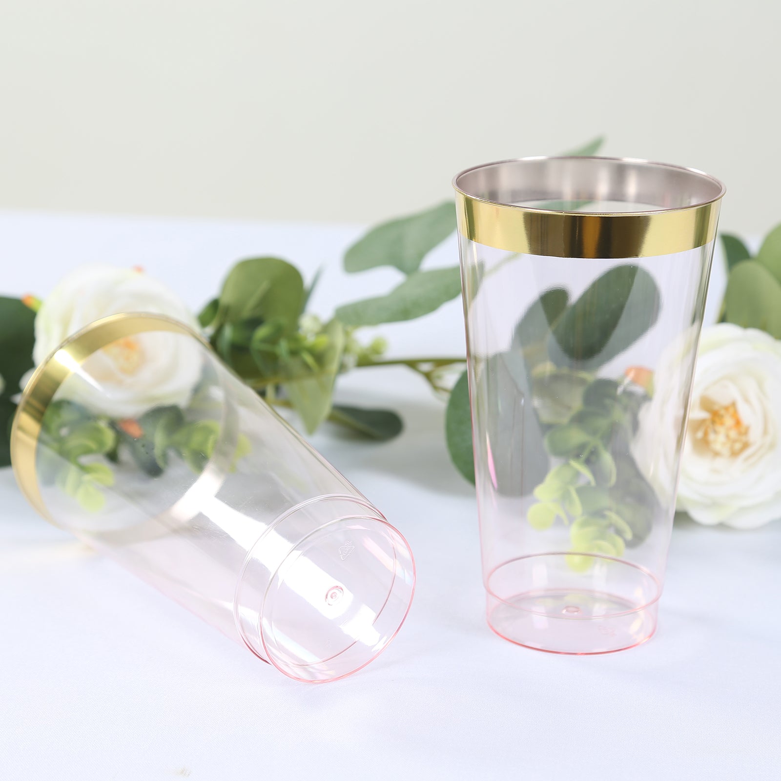 12-Pack Plastic Party Cups Transparent Blush with Gold Rim - Durable Disposable Tumblers for Drinks 17oz 5.5