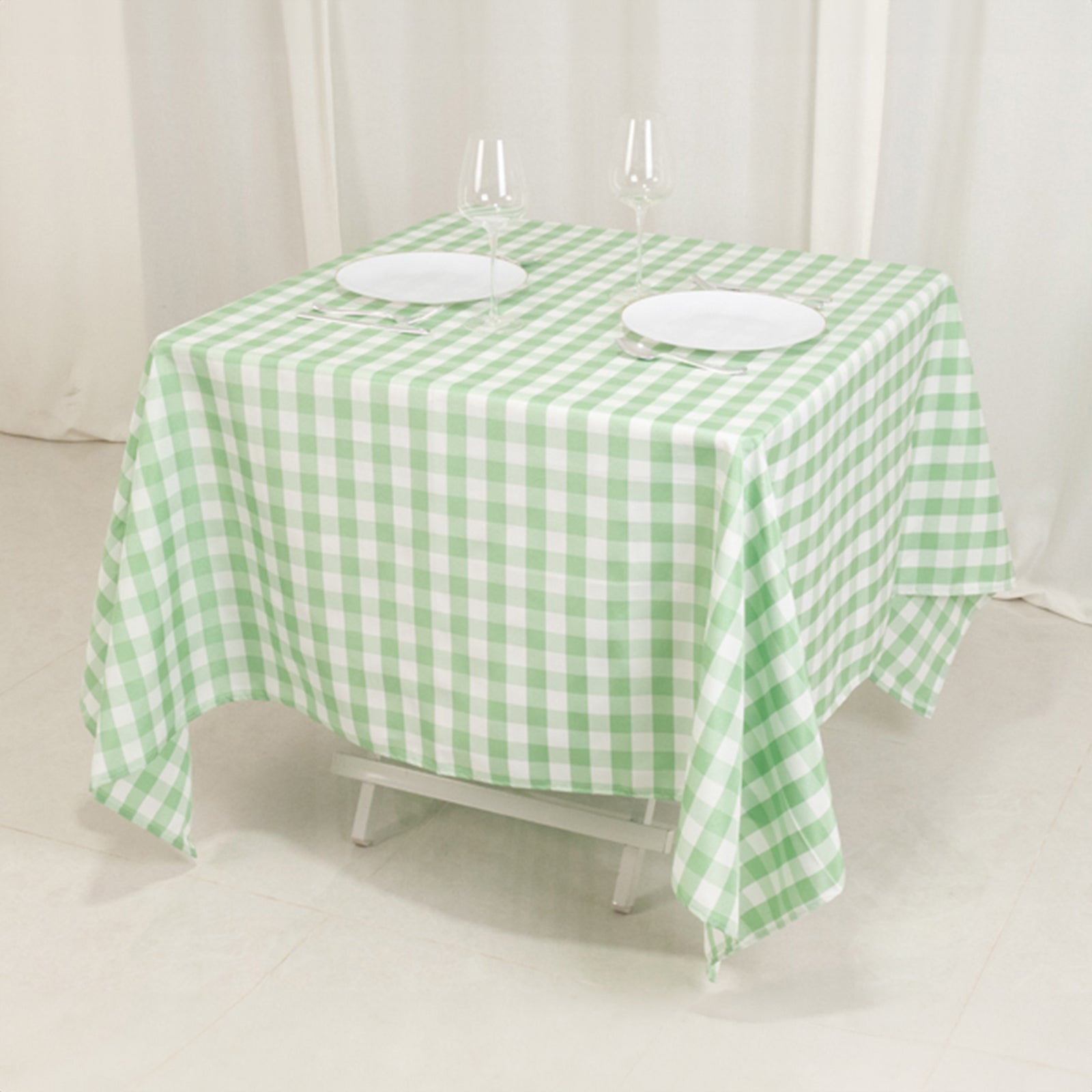 Polyester 70x70 Square Tablecloth White/Sage Green - Checkered Buffalo Plaid Table Cover