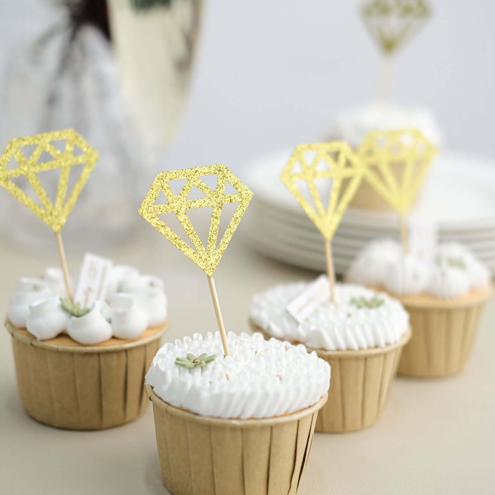 24-Pack Cupcake Toppers Diamond Ring Design Glitter Gold - Party Cake Picks Engagement Decoration Supplies