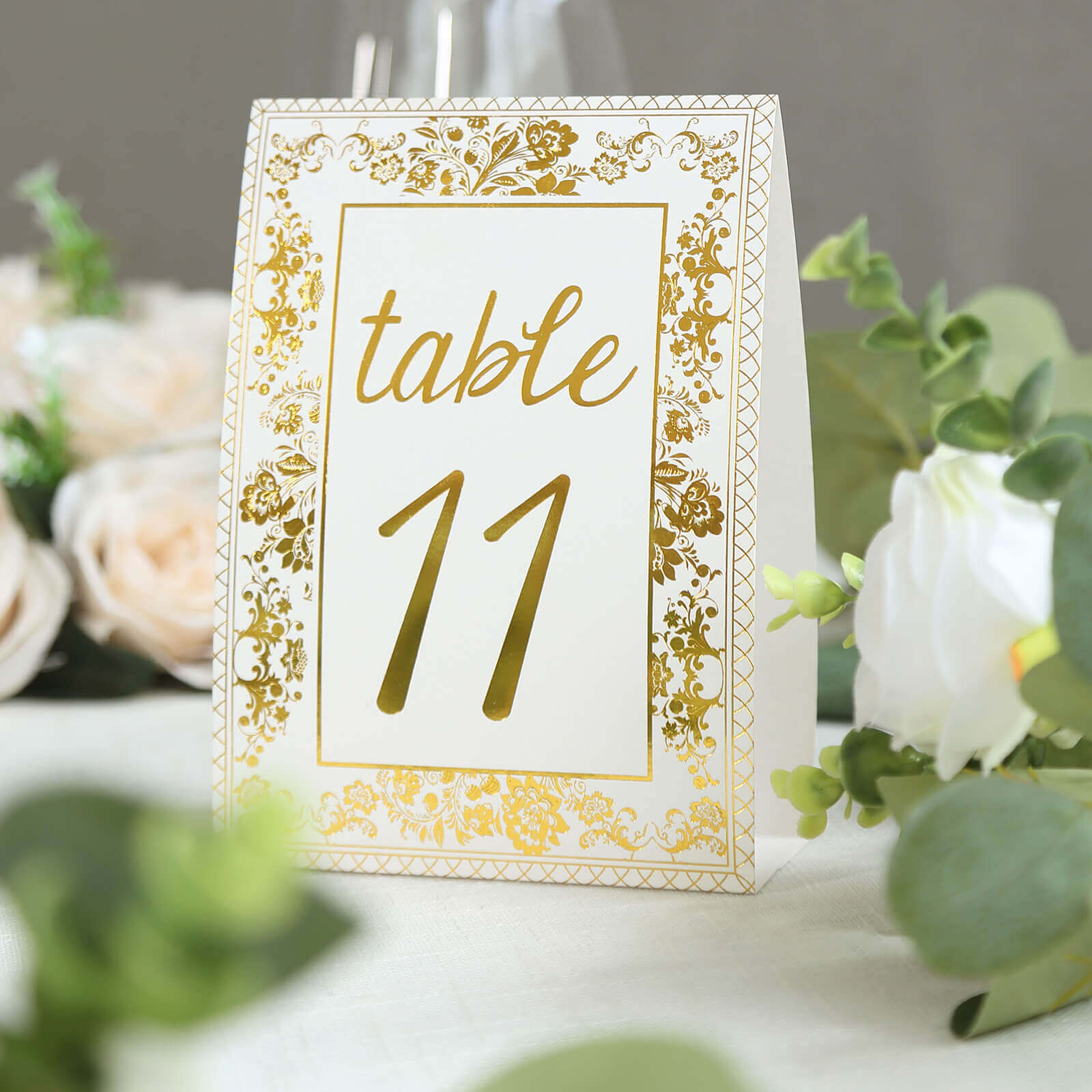 25-Pack Paper Wedding Table Numbers 1-25 White/Metallic Gold French Toile Design - Free Standing Double Sided Table Signs with Glam Gold Foil Numbers 7