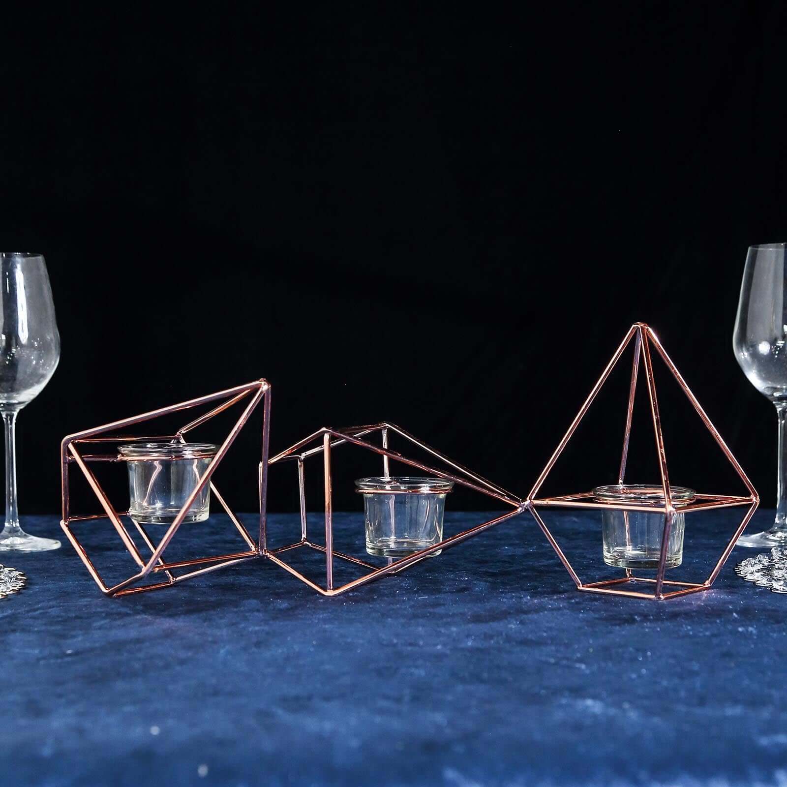 Set of Metal Candle Holders Linked Geometric Design Rose Gold - Modern Votive Glass Decor for Tables & Gatherings 16