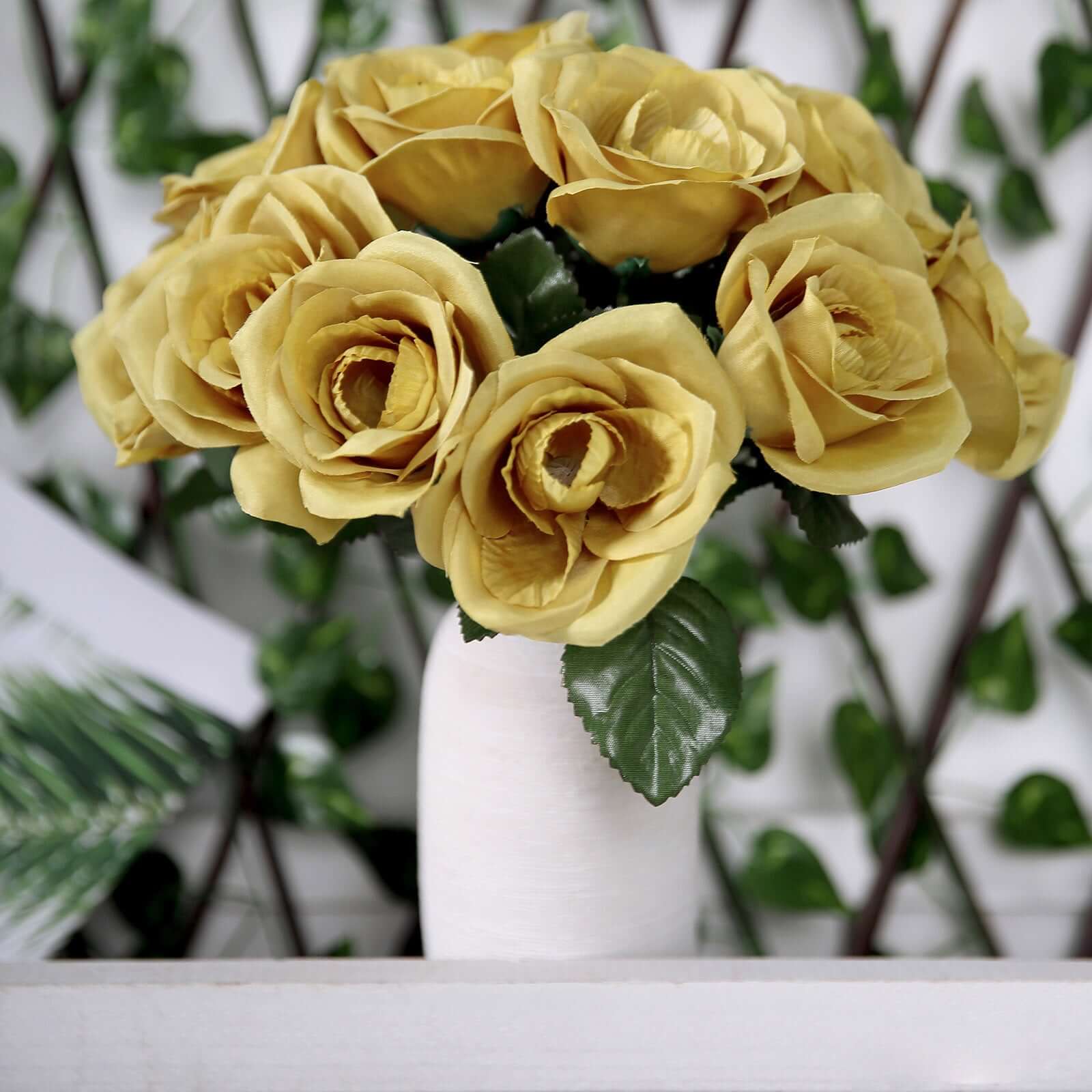 12 Gold Artificial Velvet-Like Fabric Rose Flower Bouquet Bush