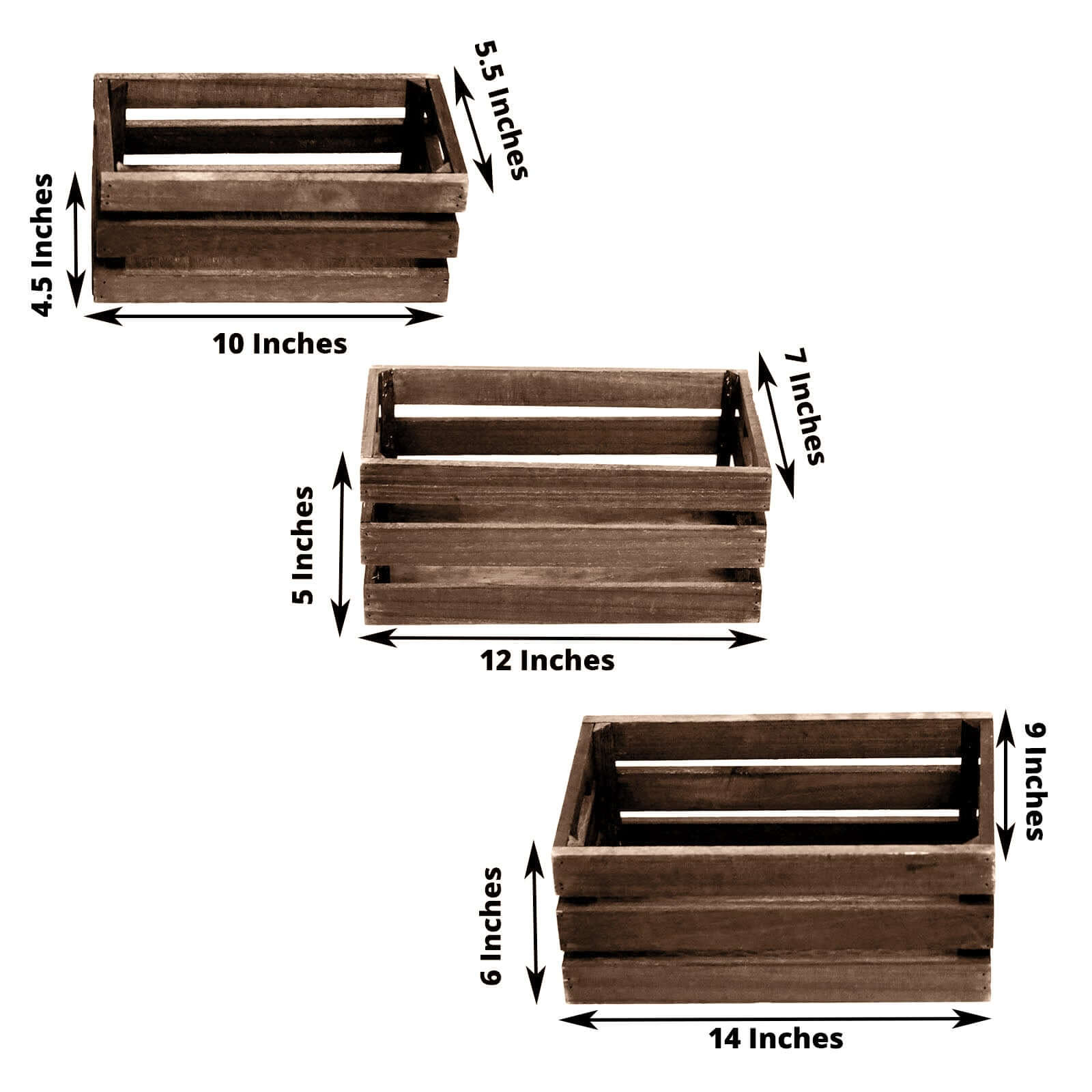 Set of 3 Rustic Wooden Crates Smoked Brown - Multi-Purpose Planters, Storage Containers & Display Risers