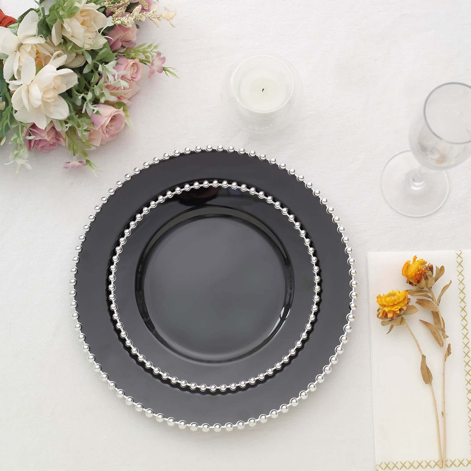 10-Pack Plastic 10 Round Dinner Plates in Black with Silver Beaded Rim - Disposable Party Plates