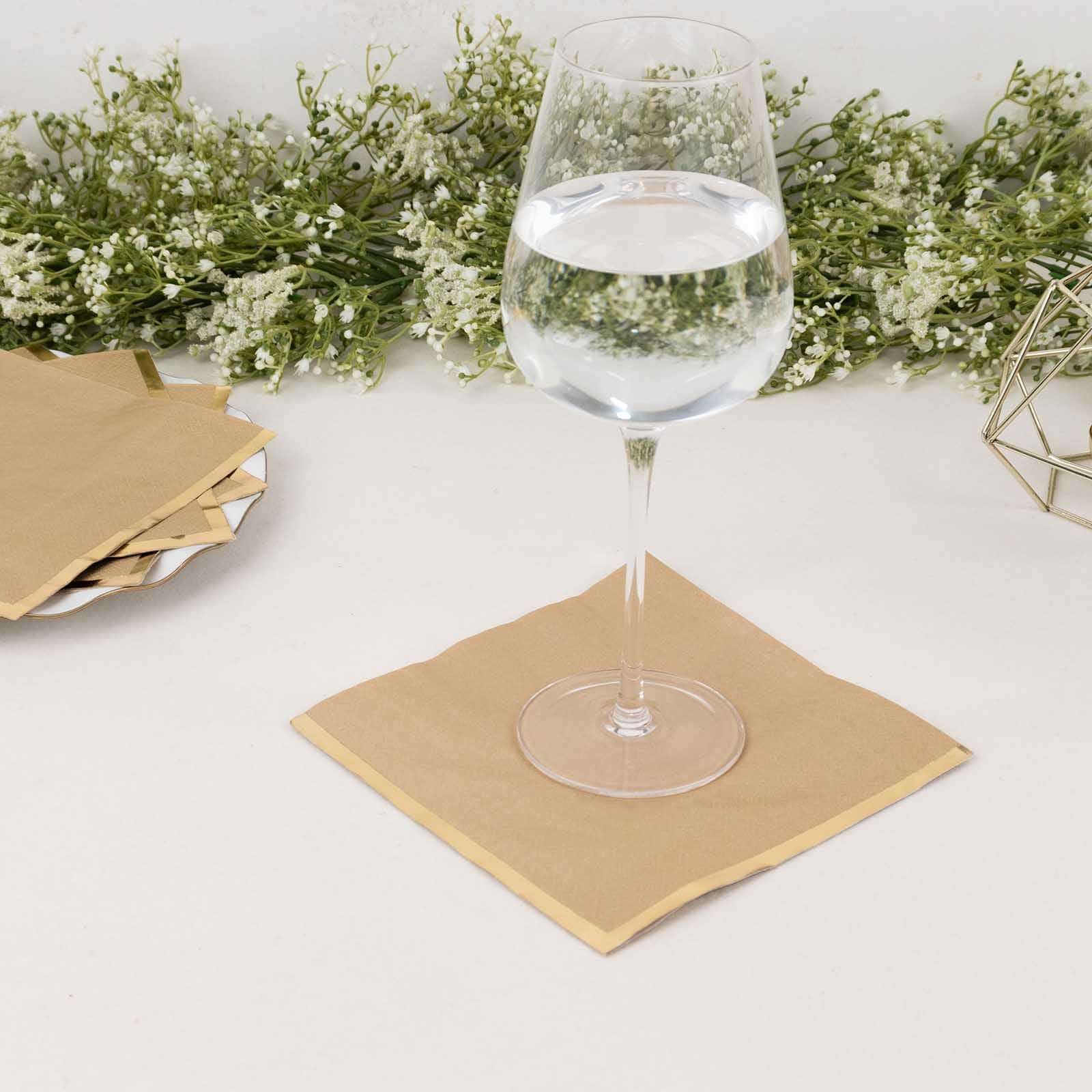 50-Pack Paper Beverage Napkins with Gold Foil Edge Natural - Disposable 2 Ply Cocktail Napkins for Events 6.5x6.5