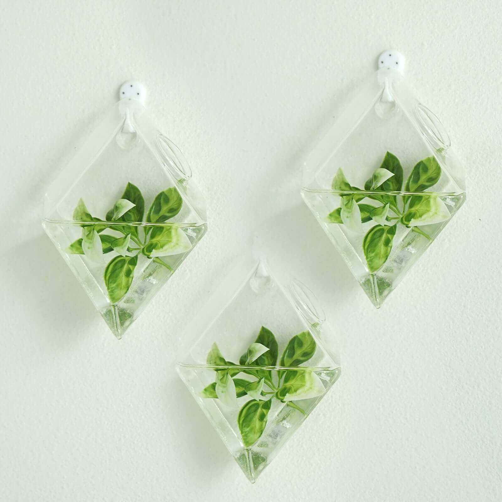 3-Pack Glass Wall Vase Hanging Rhombus Design Indoor Planters - Modern Wall Mounted Terrariums for Living Spaces