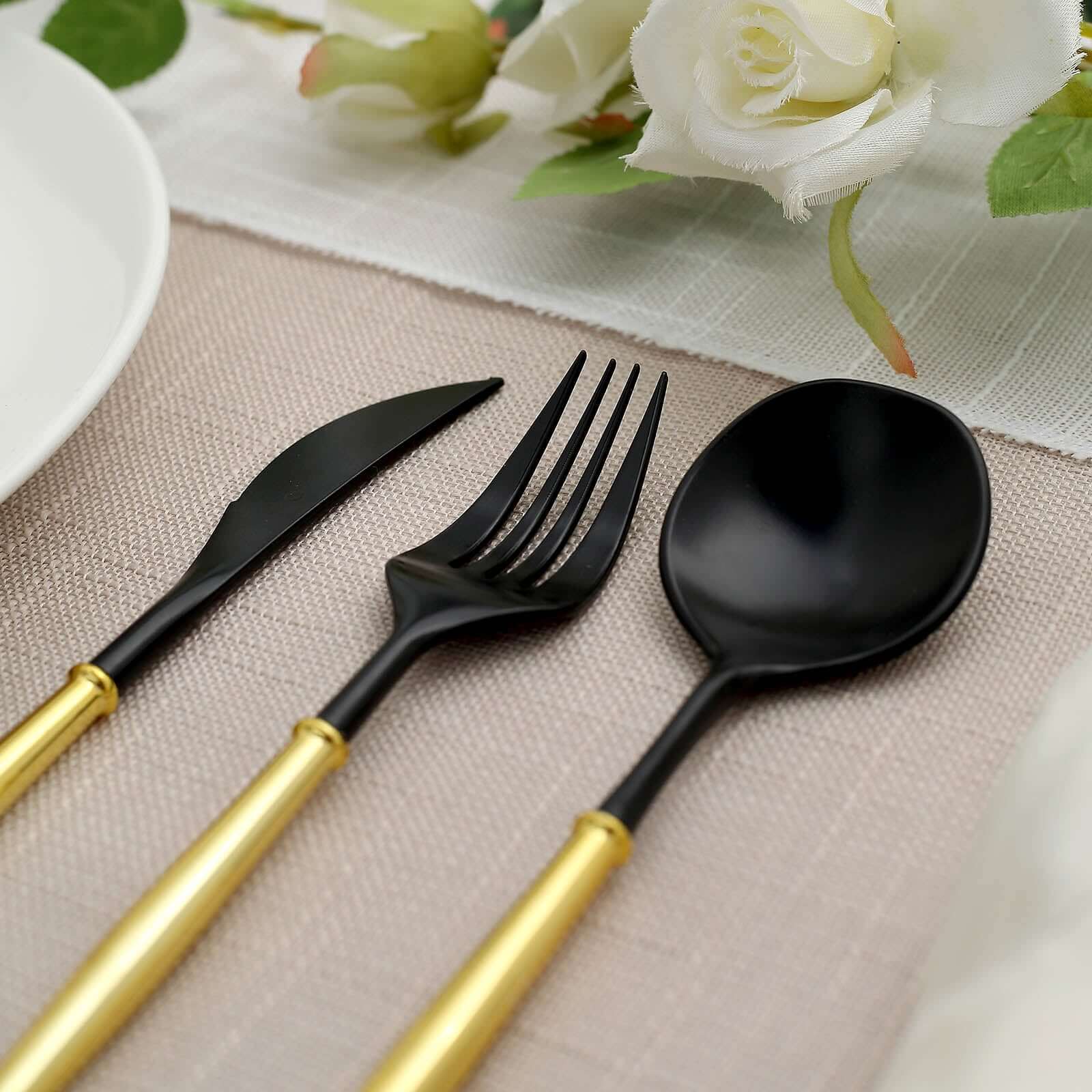 24-Pack Plastic Flatware Set in Black with Gold Handle - Heavy Duty Disposable Modern Silverware 8