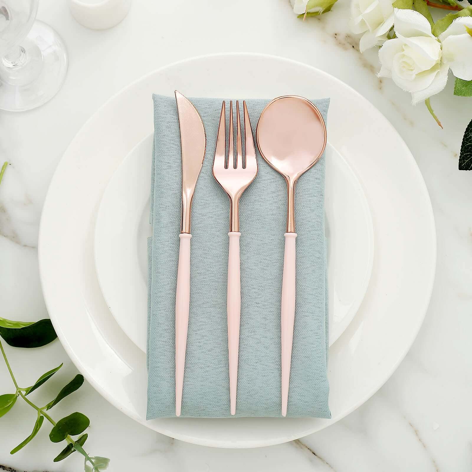 24-Pack Plastic Flatware Set in Rose Gold with Blush Handle - Heavy Duty Disposable Modern Silverware 8