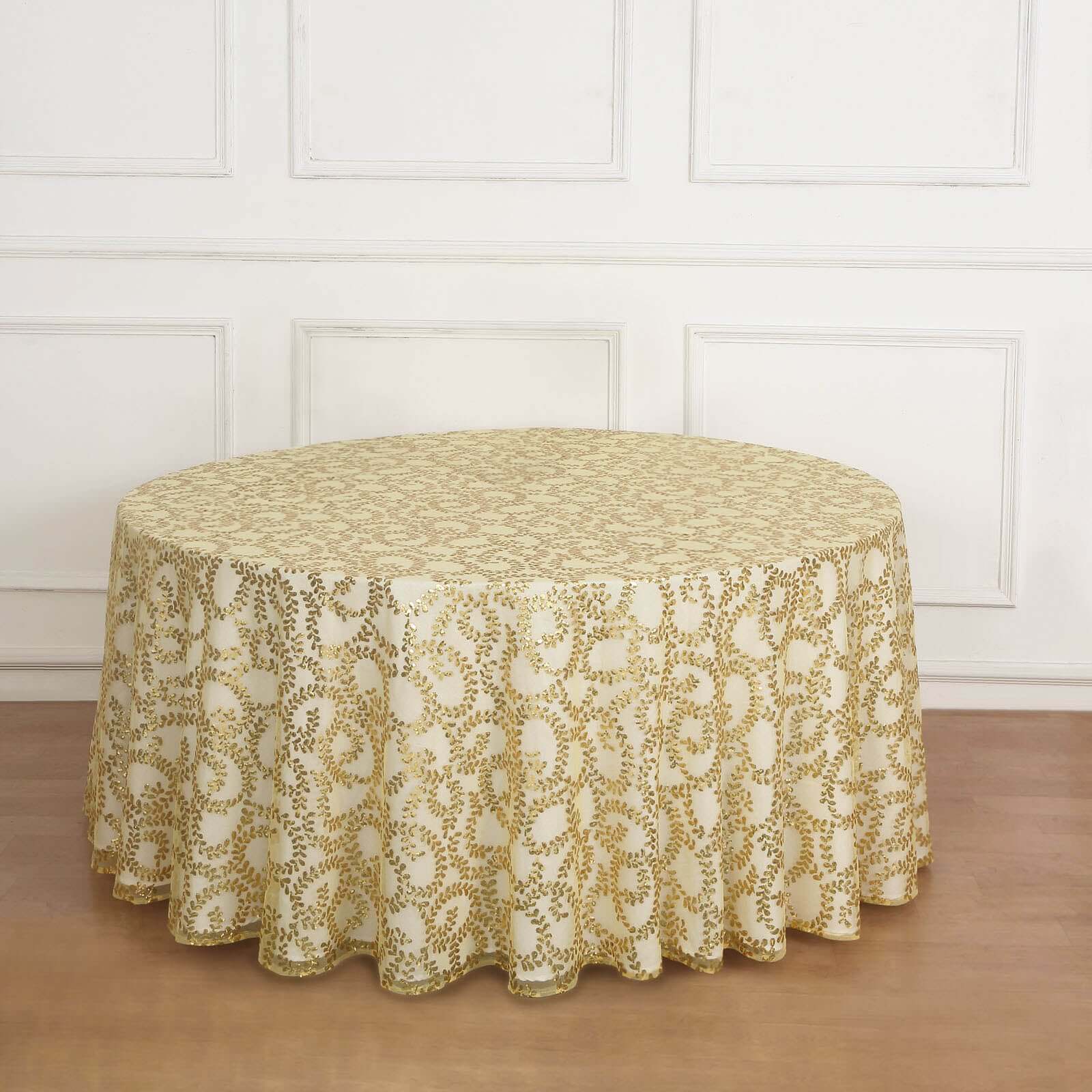 Tulle 120 Round Tablecloth Gold - Seamless Sequin Leaf Embroidered Design for Sophisticated Occasions