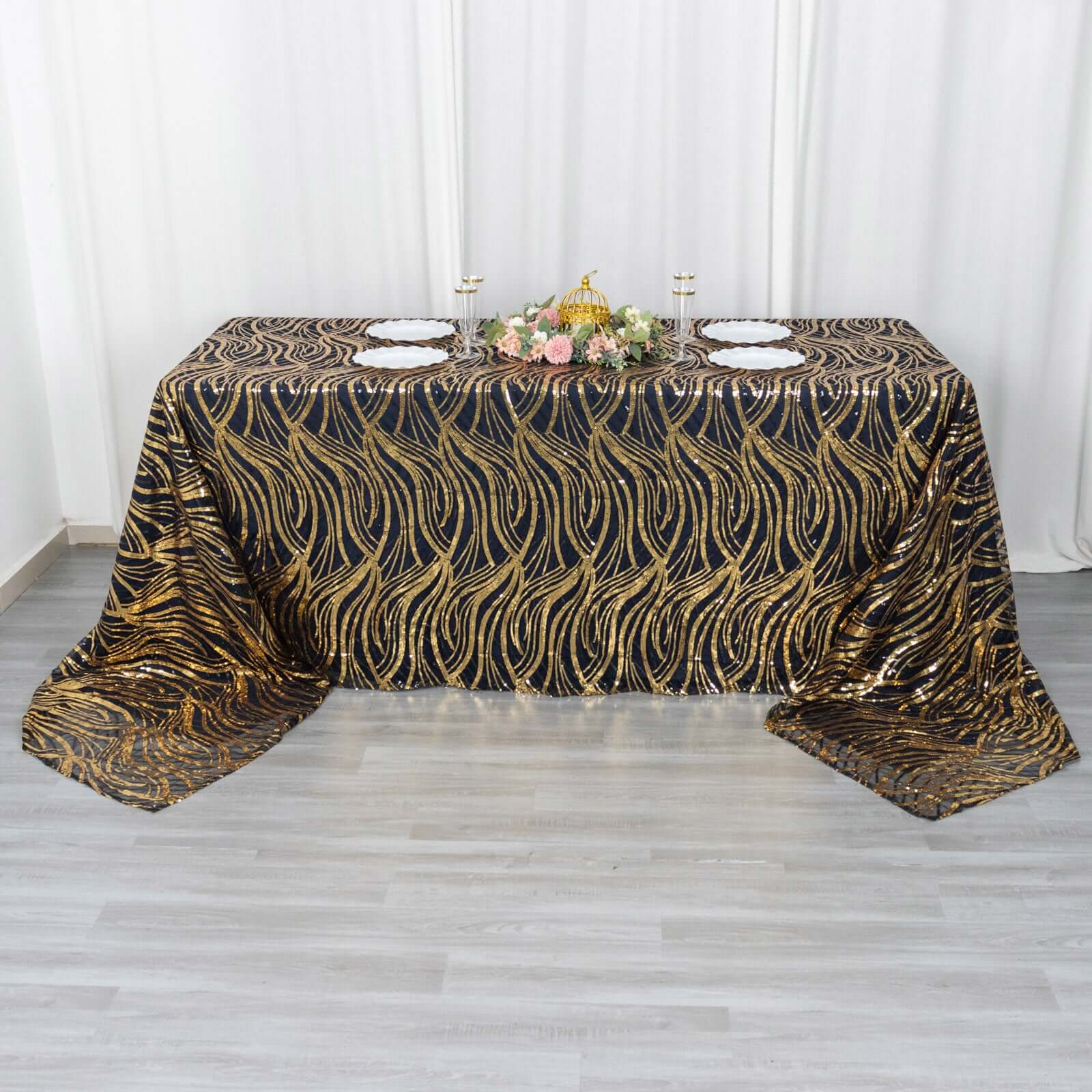 Mesh 90x156 Rectangle Tablecloth Black/Gold - Wave Sequin Embroidered Table Cover