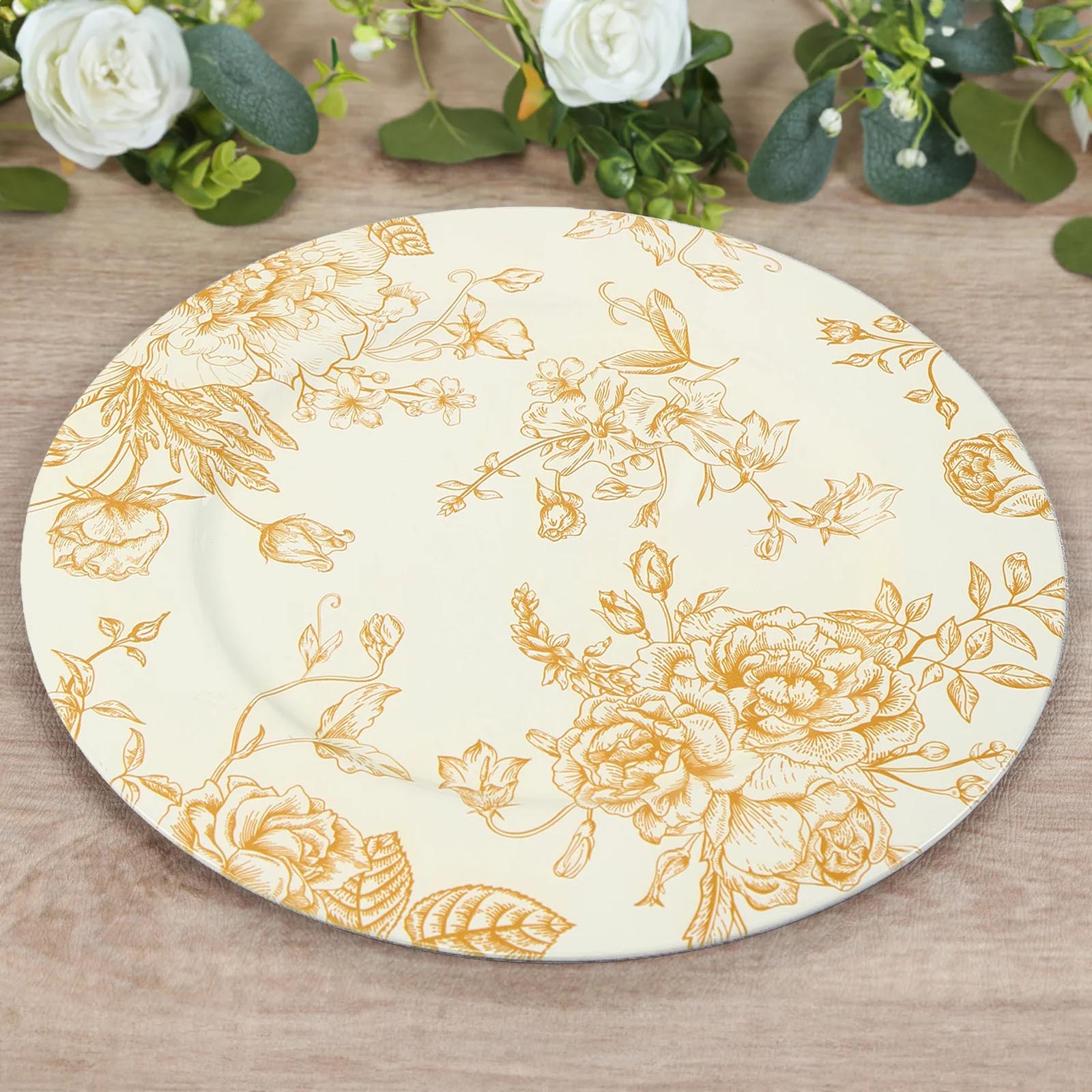 6-Pack Acrylic Round Charger Plates 13 in White with Gold Floral French Toile Pattern, Decorative Dinner Party Charger Tableware