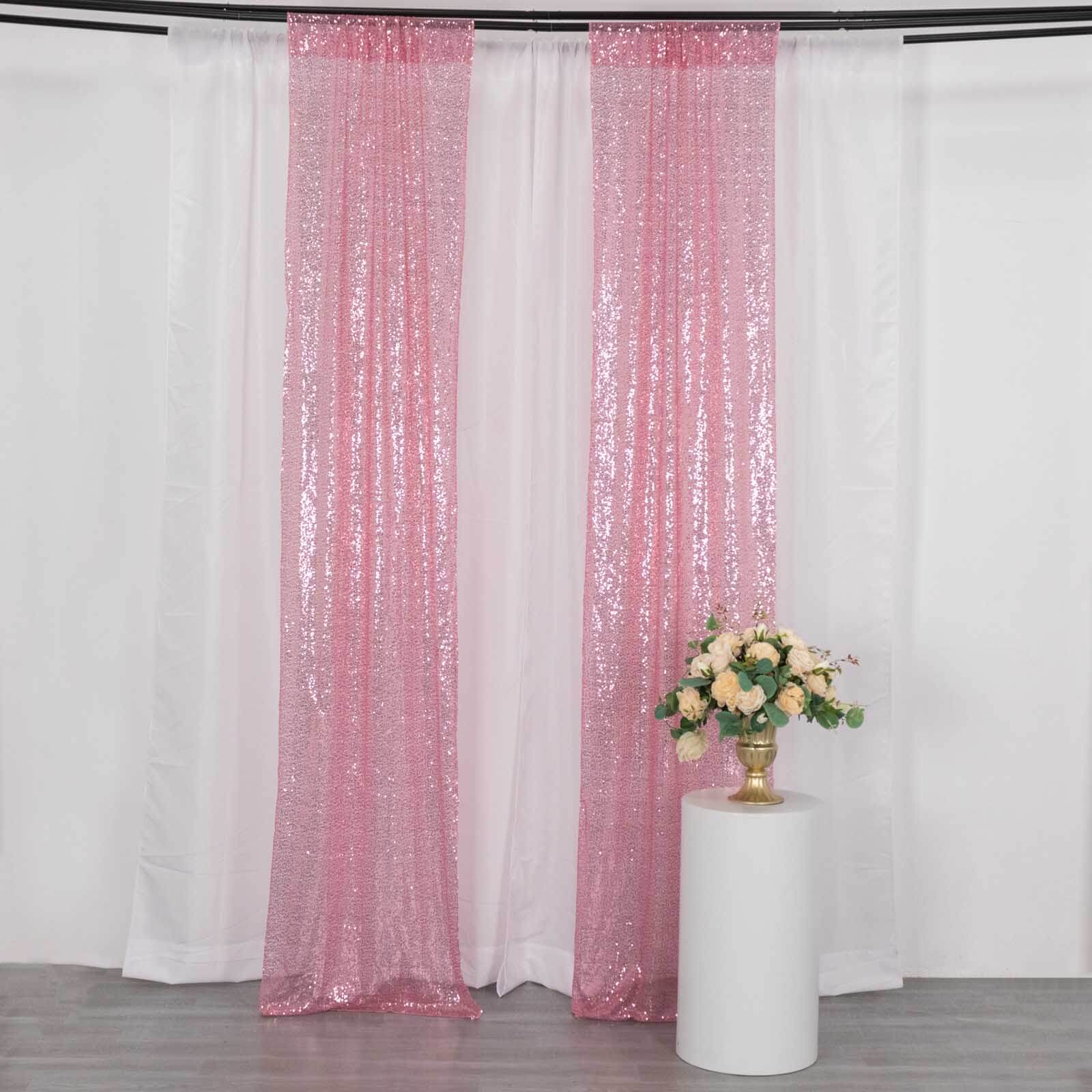 2 Pack Pink Sequin Event Curtain Drapes with Rod Pockets, Seamless Backdrop Event Panels - 8ftx2ft