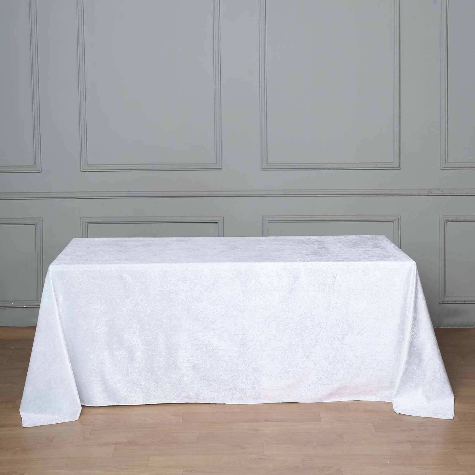 90x132 White Seamless Premium Velvet Rectangle Tablecloth, Reusable Linen for 6 Foot Table With Floor-Length Drop