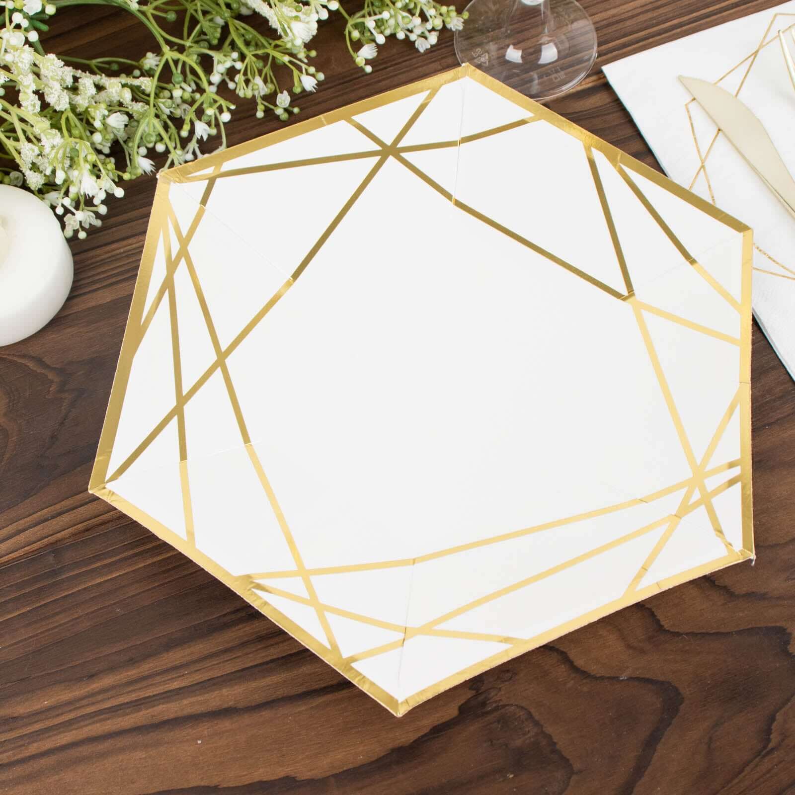 25-Pack Paper 9 Hexagon Dinner Plates in White with Gold Geometric Lines & Rim - Stylish Disposable Geometric 300GSM Party Plates for Events & Banquets