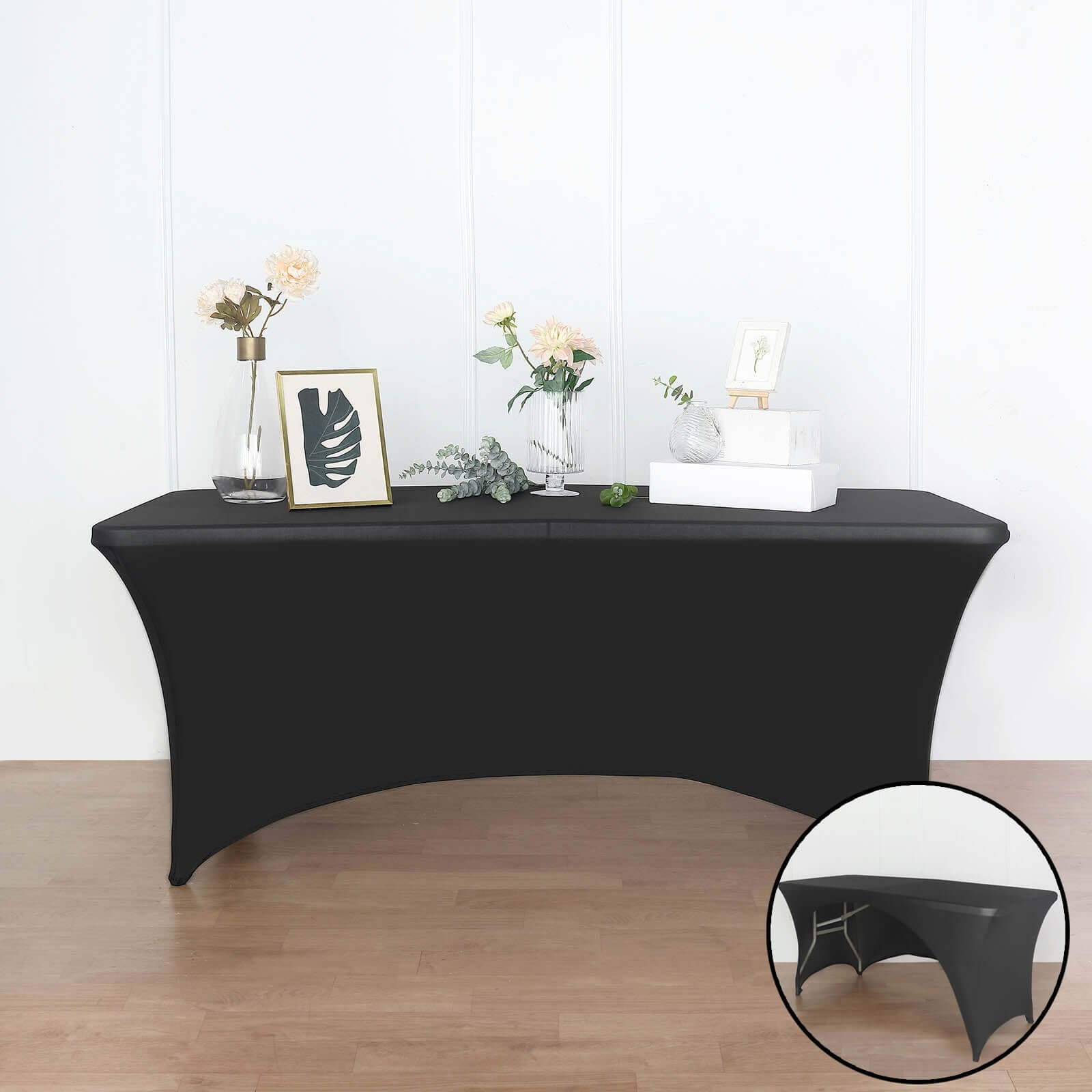 Stretch Spandex 96x30 Rectangle Table Cover Black with Curved Open Back Design Tailored Professional Look for Tradeshows, Events & Exhibitions