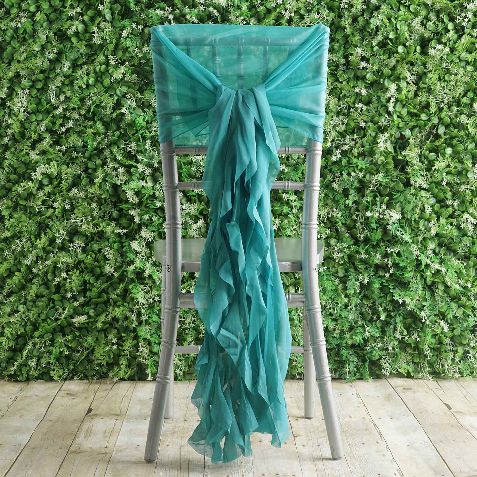 1 Set Chiffon Hoods Chair Sashes with Willow Ruffles Design Turquoise - Stylish Chair Bow Decor