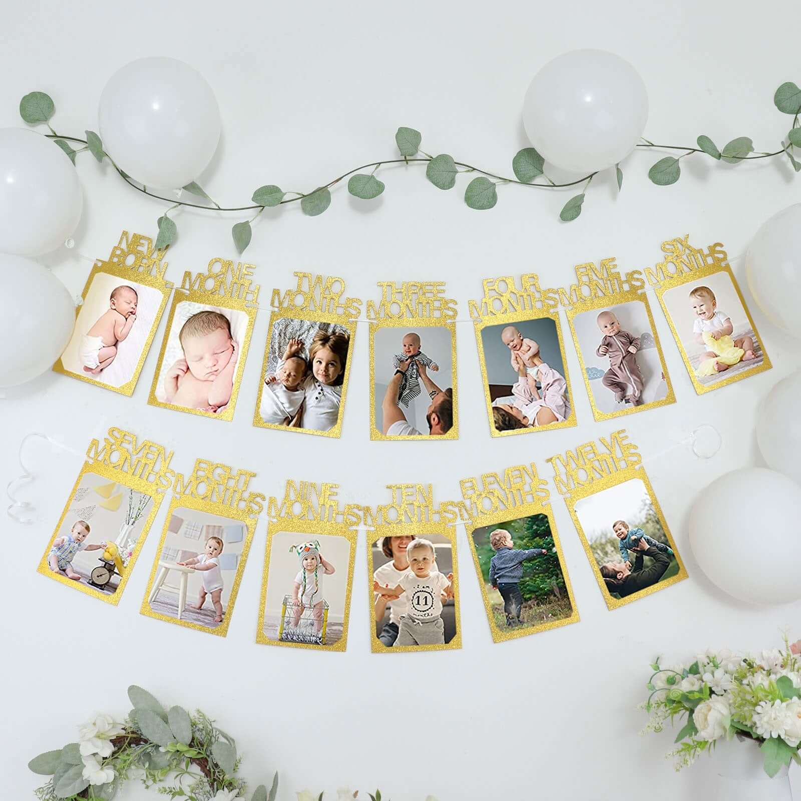 12 Month Milestone 1st Birthday Party Photo Backdrop Hanging Banner, Baby Photo Garland Banner - 5.5ft