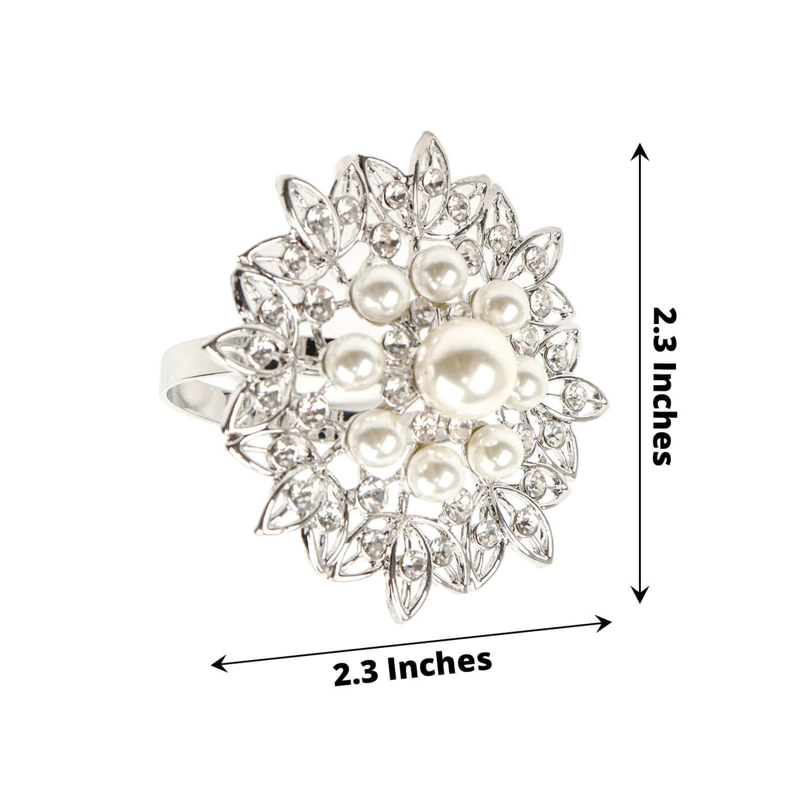 4 Pack Pearl And Diamond Rhinestone Flower Silver Metal Napkin Rings, Decorative Napkin Buckle Holders