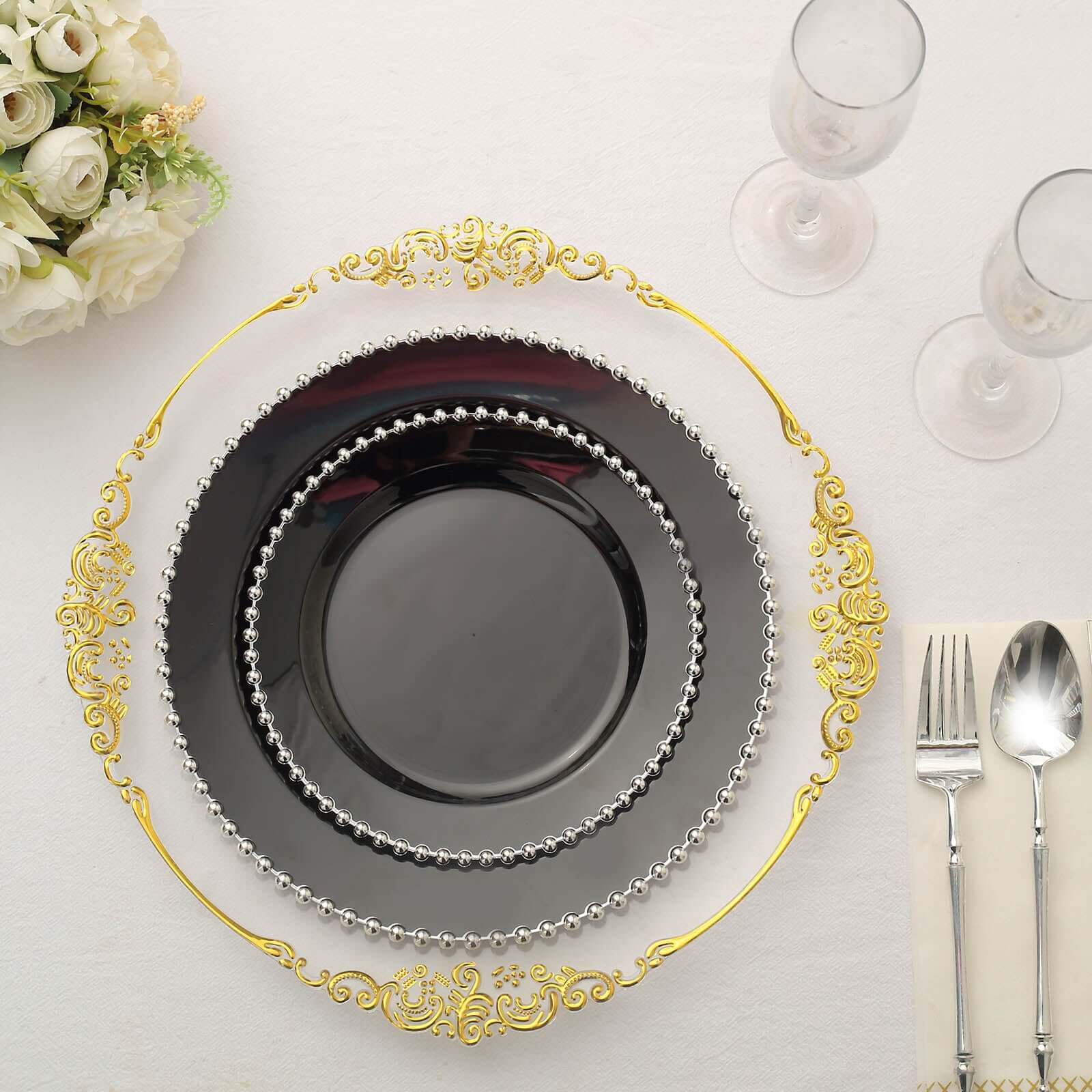 10-Pack Plastic 10 Round Dinner Plates in Black with Silver Beaded Rim - Disposable Party Plates