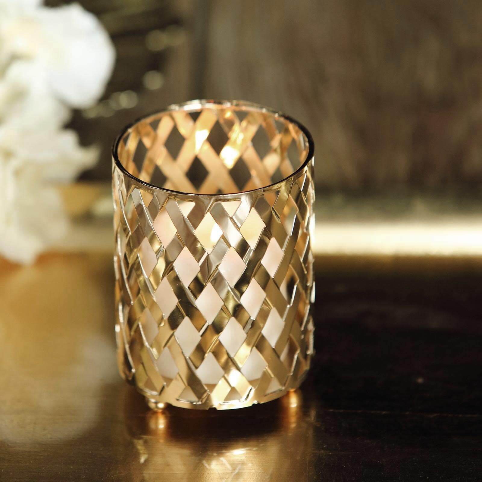 2-Pack Votive Candle Holders Gold Metal Diamond Cut Geometric Design - Perfect for Home Décor and Events 4