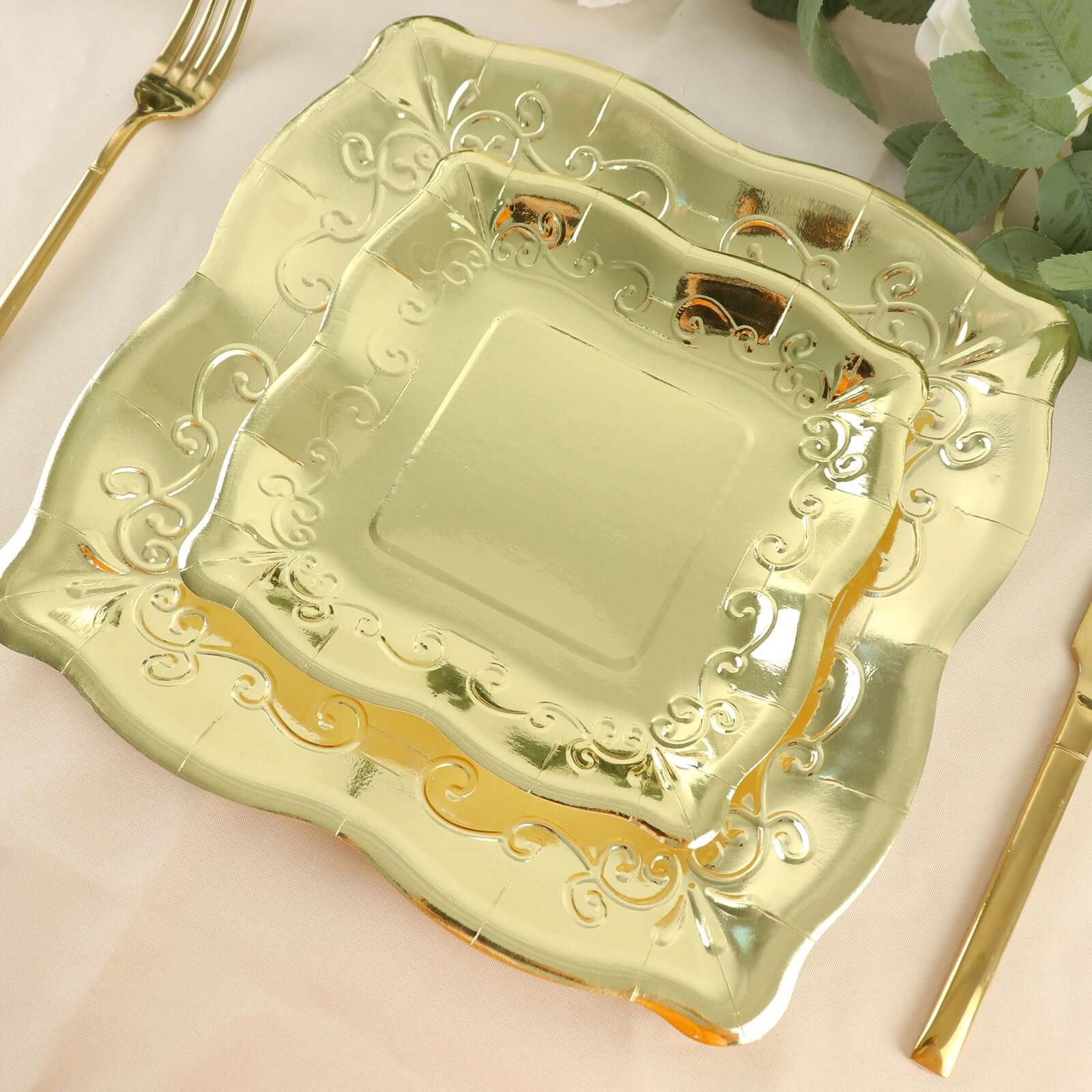 25-Pack Paper 11 Square Dinner Plates in Gold with Vintage Pottery Embossed Design - Shiny Metallic Disposable Serving Plates for Glamorous Dinners & Events