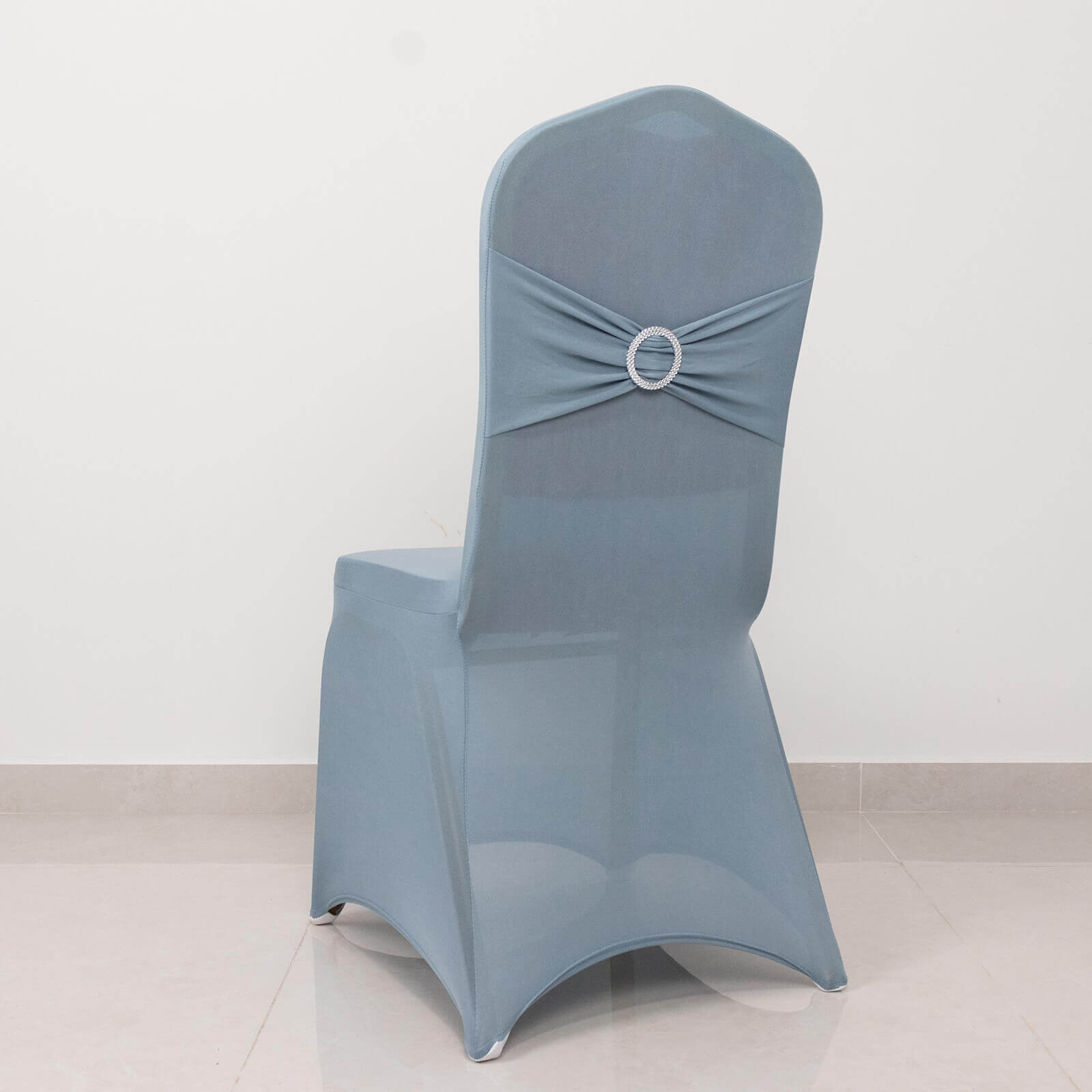 Spandex Chair Cover with Dusty Blue Rhinestone Buckled Sash Band Blush - Stretch Fitted Slipcover