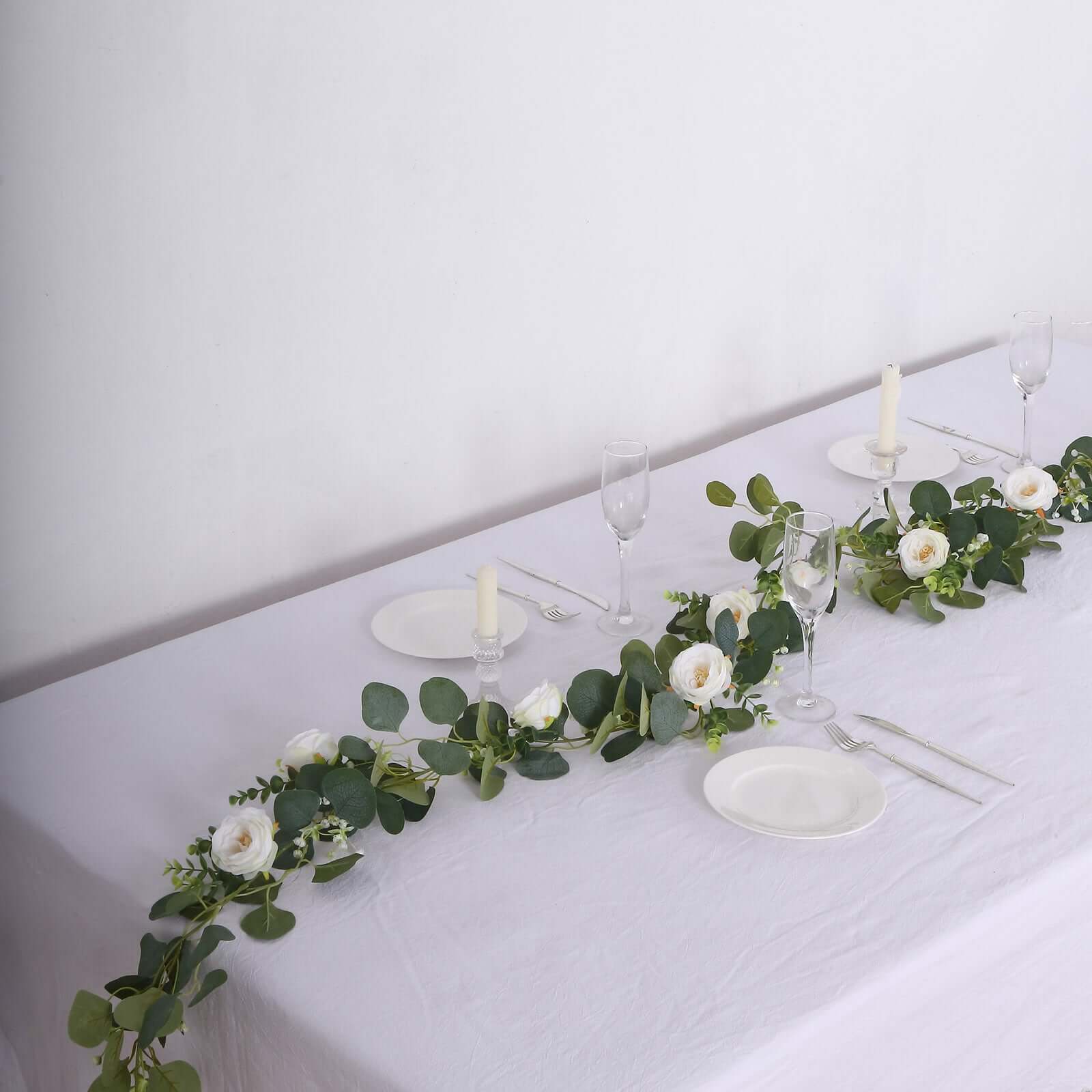 5.5ft Artificial Eucalyptus Leaf Hanging Vines With 7 White Rose Flower Heads, Floral Greenery Table Garland