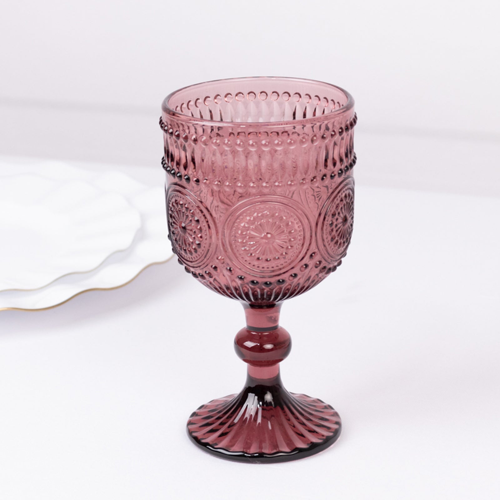 6-Pack Wine Glasses Dusty Rose Vintage Embossed Design with Textured Floral Pattern - Short Stemmed Glasses for Drinks & Cocktails 12oz