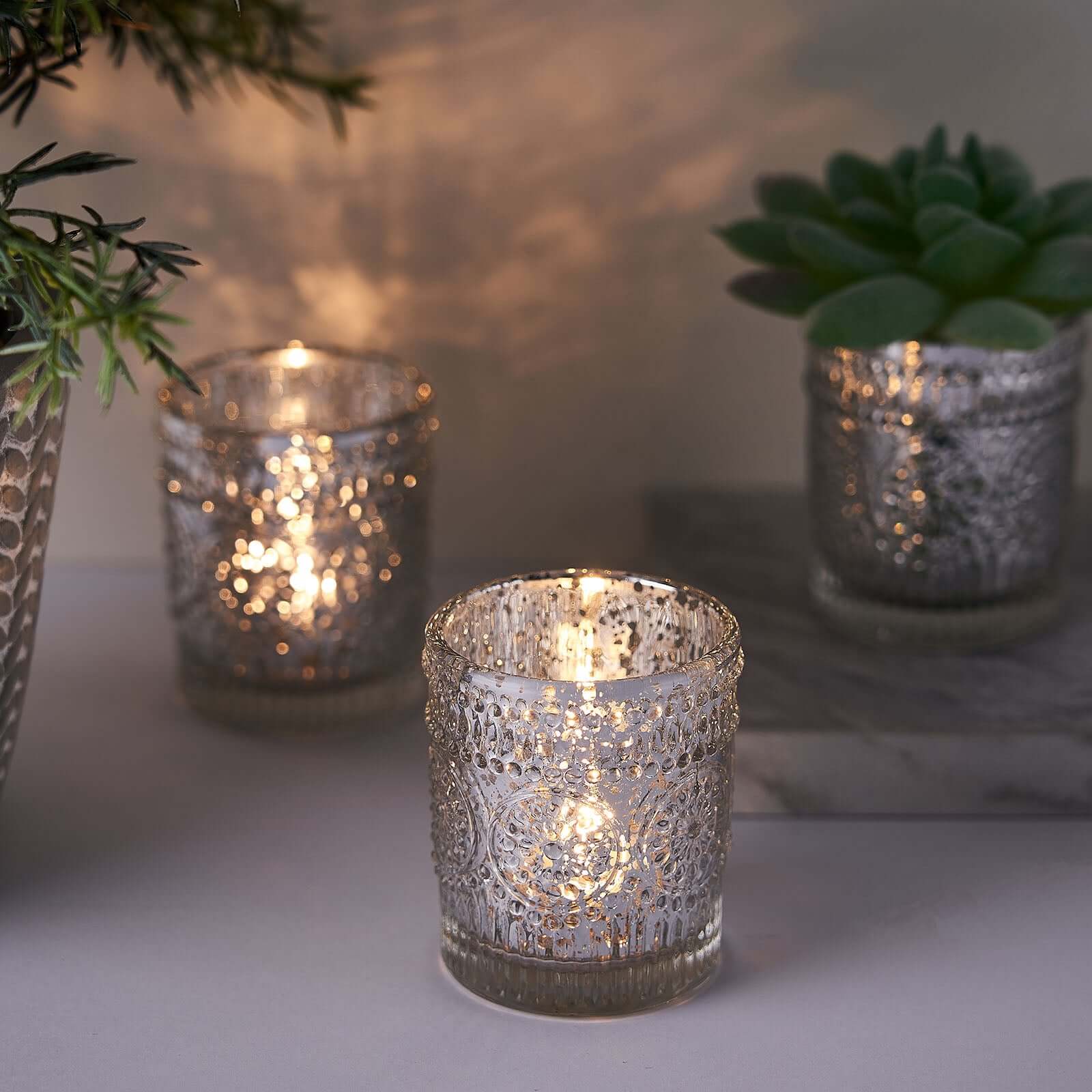 6-Pack Mercury Glass Candle Holders Silver Primrose Design - Votive Tealight Holders for Weddings