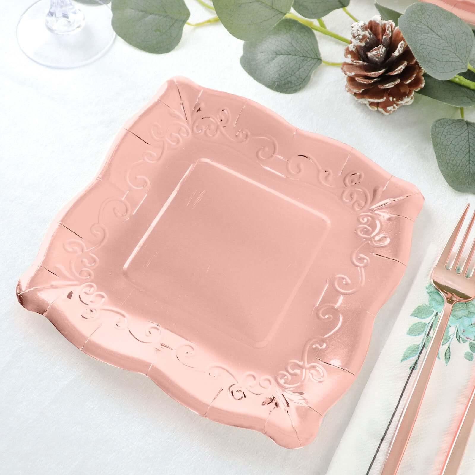 25-Pack Paper 7 Square Dessert Plates in Rose Gold with Vintage Pottery Embossed Design - Shiny Metallic Disposable Appetizer Plates