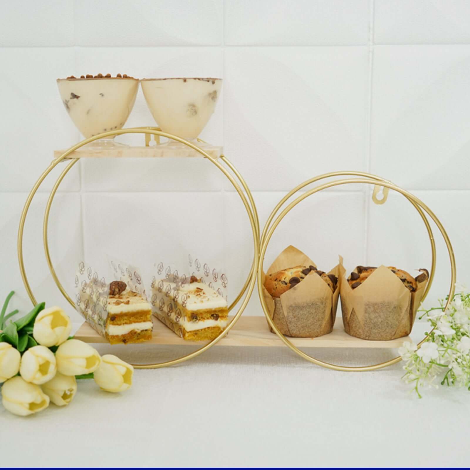 10x18 2-Tier Round Floating Shelf, Dessert Display Stand, Hanging Wall Shelf Gold With Double Hoop Design