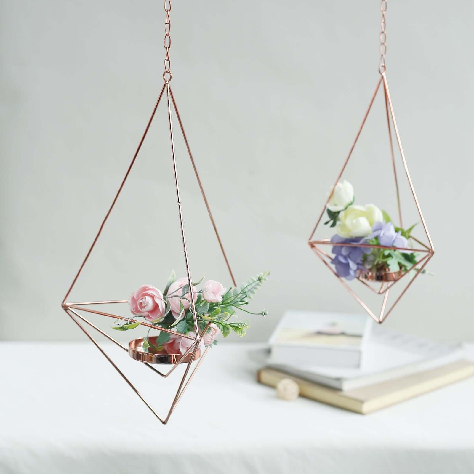 Set of 2 Hanging Tealight Candle Holders Rose Gold Metal Diamond Geometric Open Frame - Flower Terrariums 12, 15