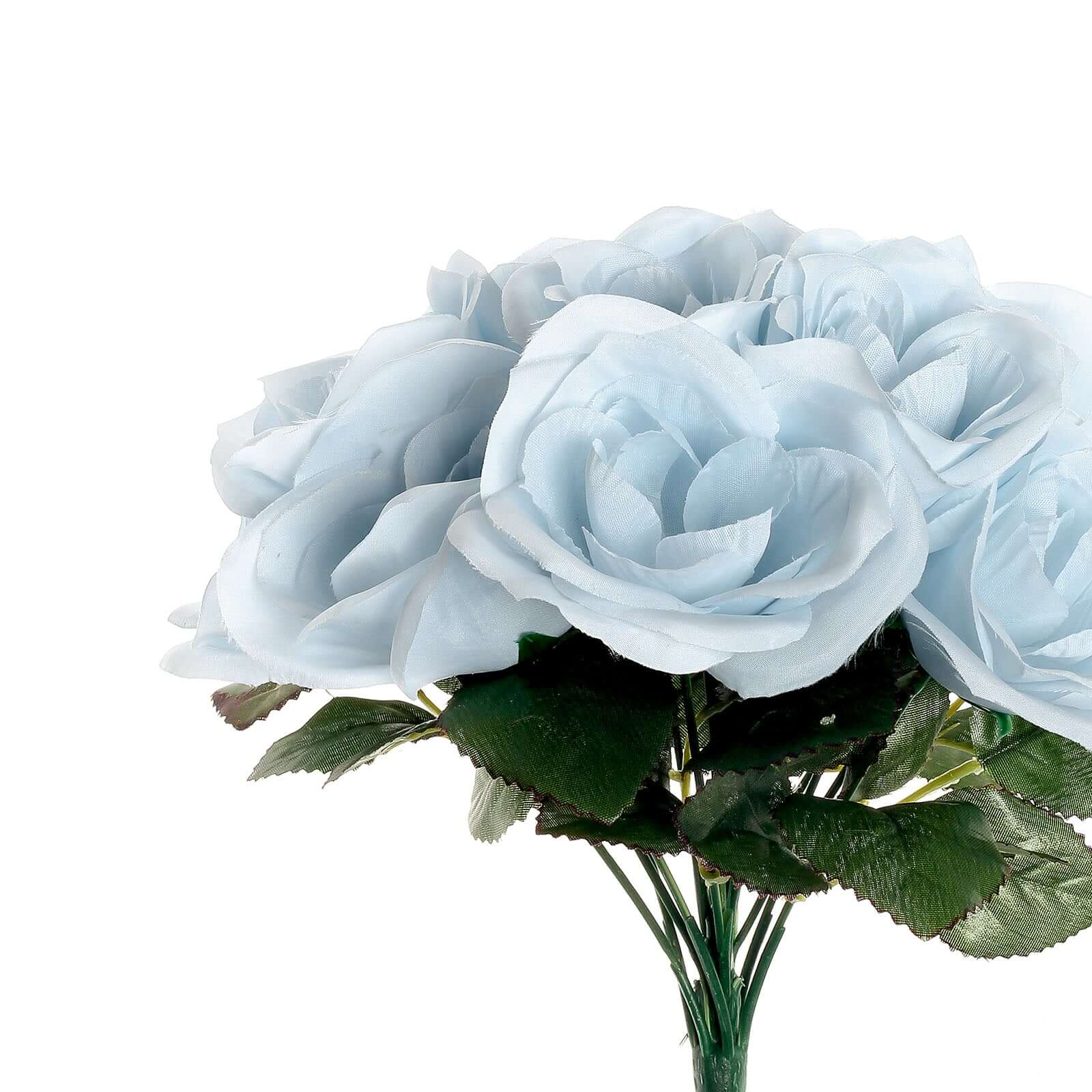 12 Ice Blue Artificial Velvet-Like Fabric Rose Flower Bouquet Bush