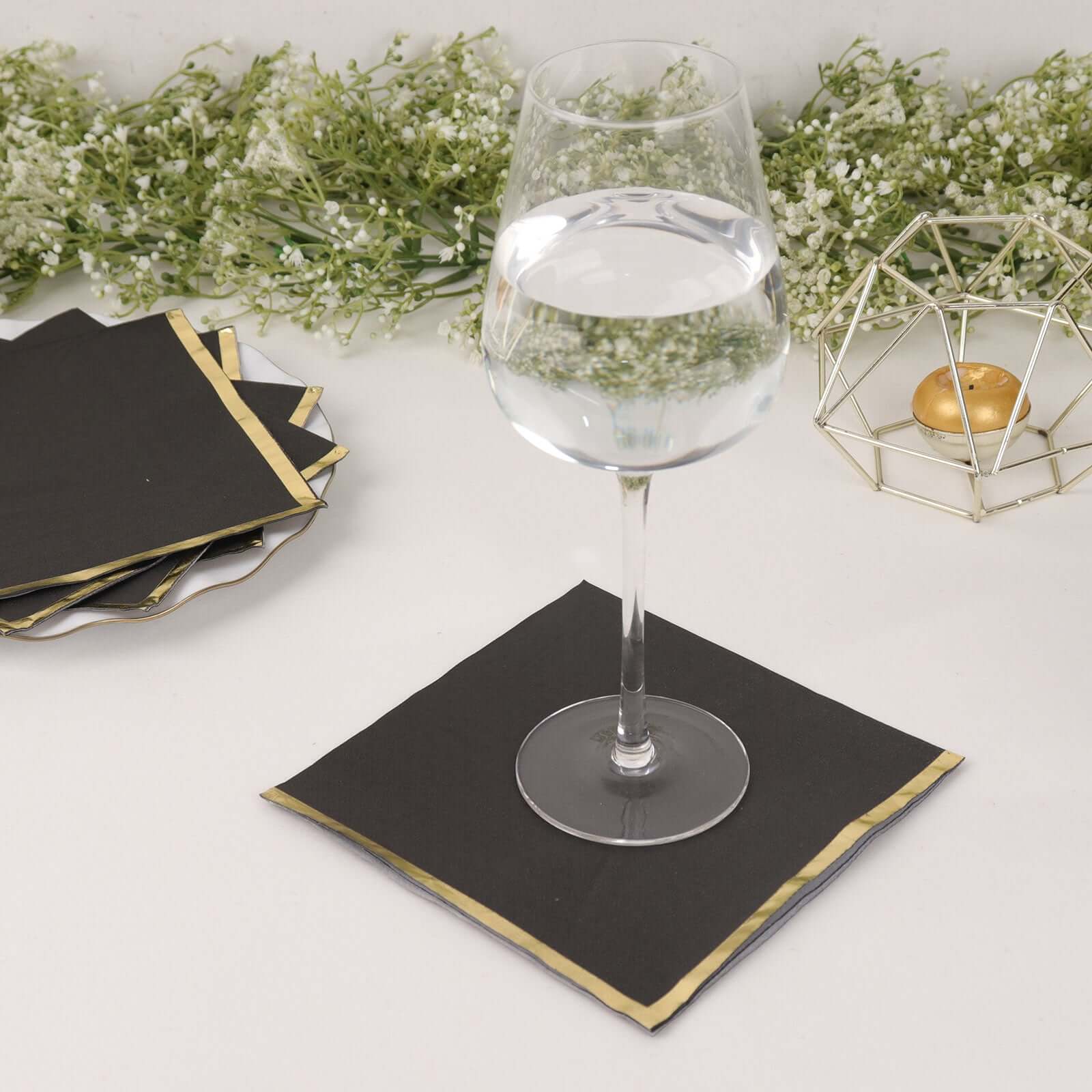 50-Pack Paper Beverage Napkins with Gold Foil Edge Black - Disposable 2 Ply Cocktail Napkins for Events 6.5x6.5