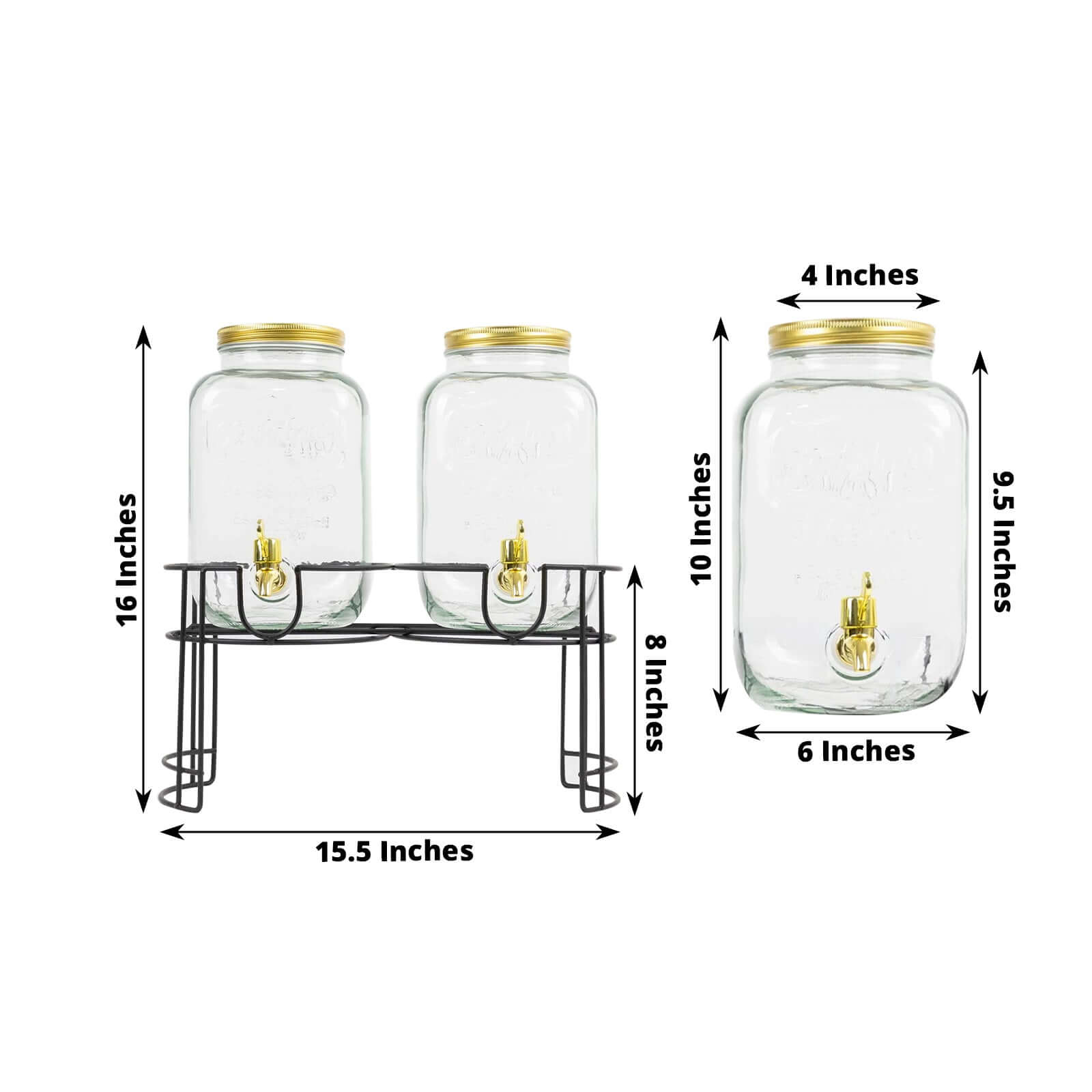 2-Pack Clear Glass Beverage Dispenser Stand, Dual Juice Jars with Gold Metal Lids and Spigot - Convenient Serving Feature 2-Gallon