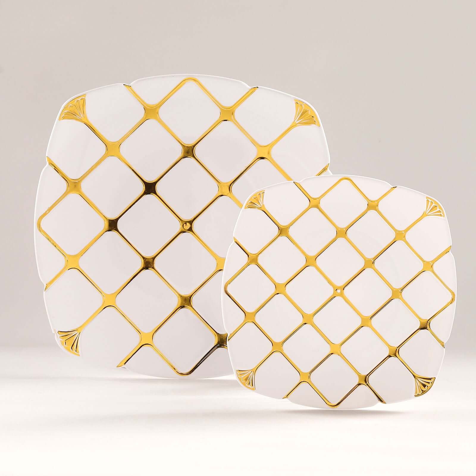 10-Pack Plastic 10 Square Dinner Plates in White with Gold Diamond Lattice Pattern - Disposable Party Plates for Weddings, Banquets & Special Events