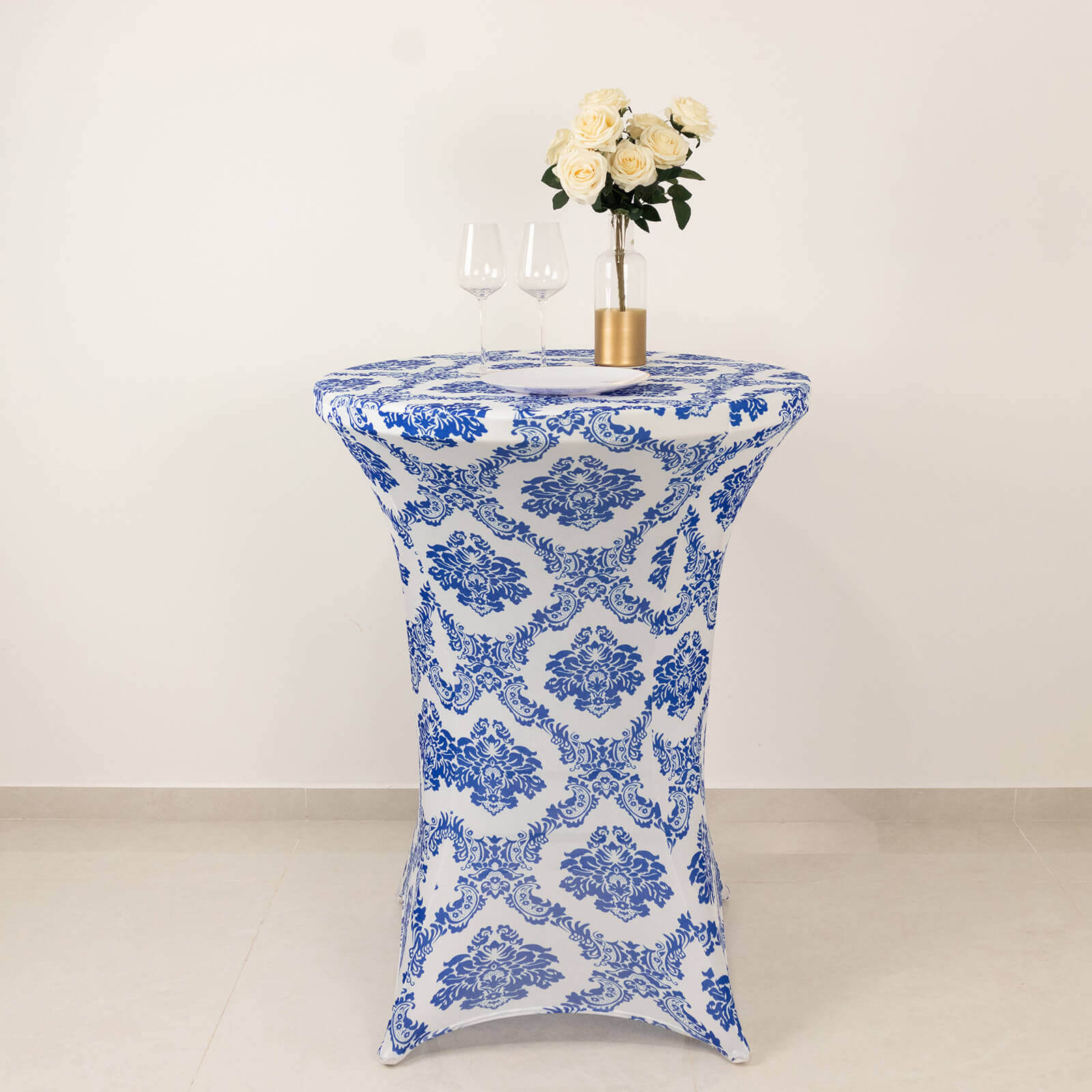 Spandex 24-32 Round Cocktail Table Cover Royal Blue Damask Highboy Tables - Easy to Maintain Stretch Fitted Tablecloth