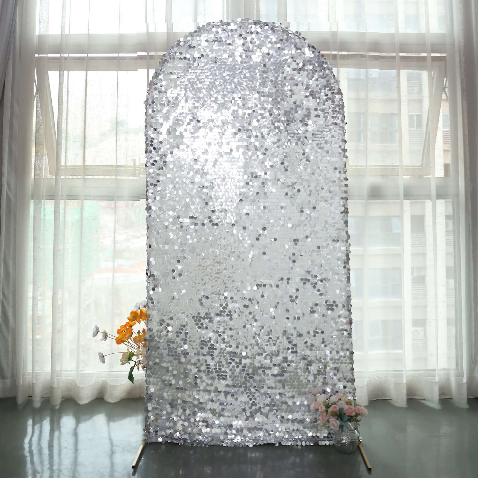 7ft Sparkly Silver Double Sided Big Payette Sequin Chiara Backdrop Stand Cover For Fitted Round Top Wedding Arch