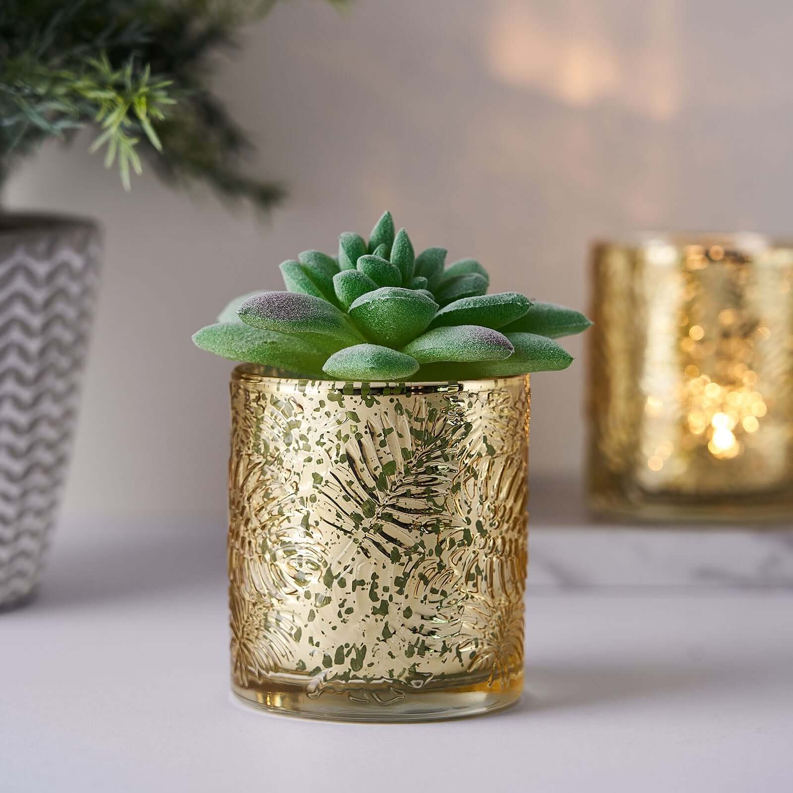 6-Pack Mercury Glass Candle Holders Gold Palm Leaf Design - Votive Tealight Holders for Events