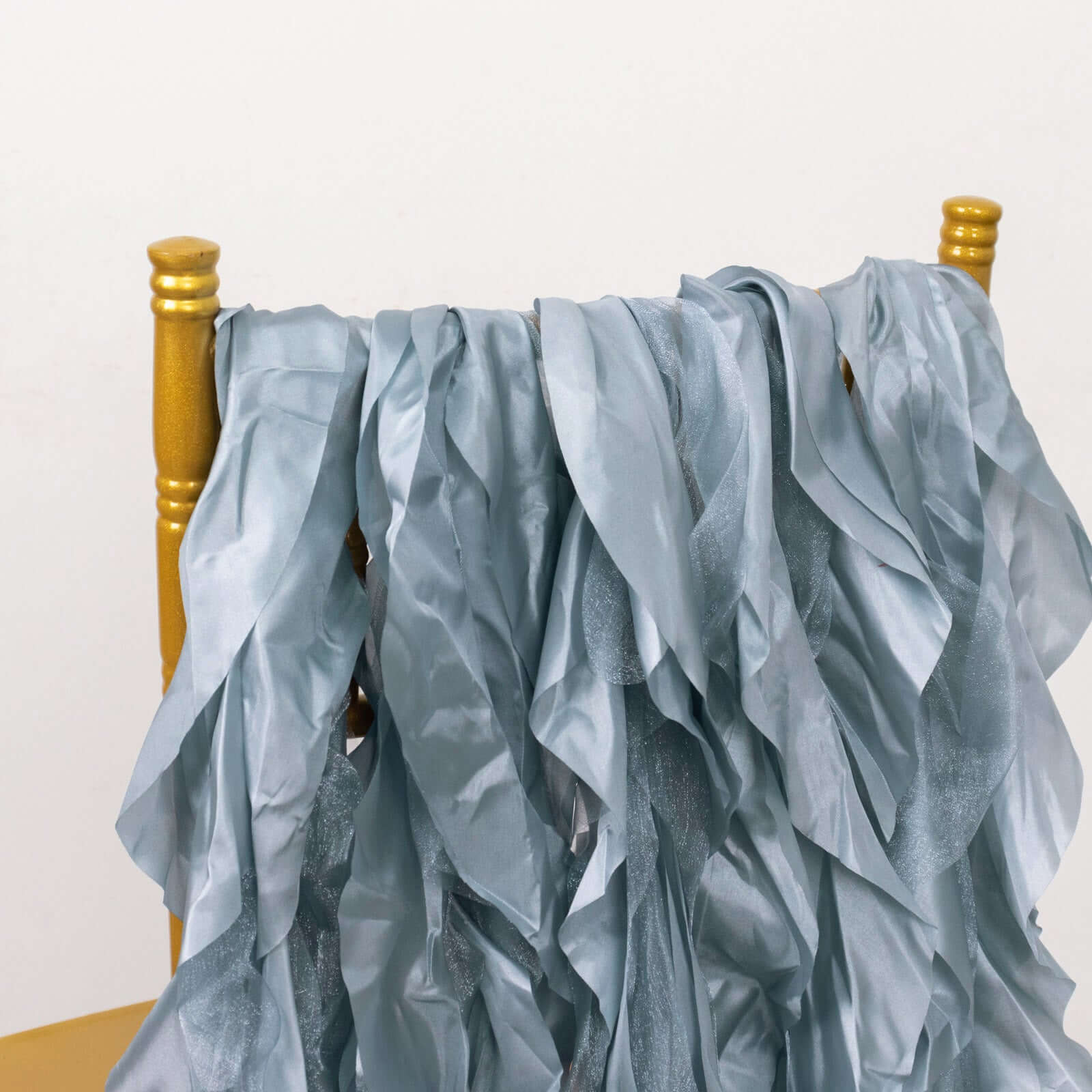 5 Pack Chiffon Satin Chair Sashes Dusty Blue - Easy to Install Ruffled Curly Willow