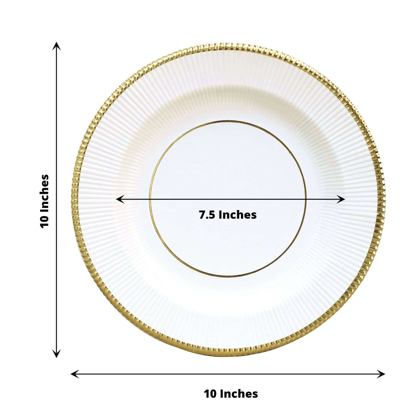 25-Pack Paper 10 Round Dinner Plates in White Sunray Design with Gold Rim - Disposable Heavy Duty 350GSM Party Plates