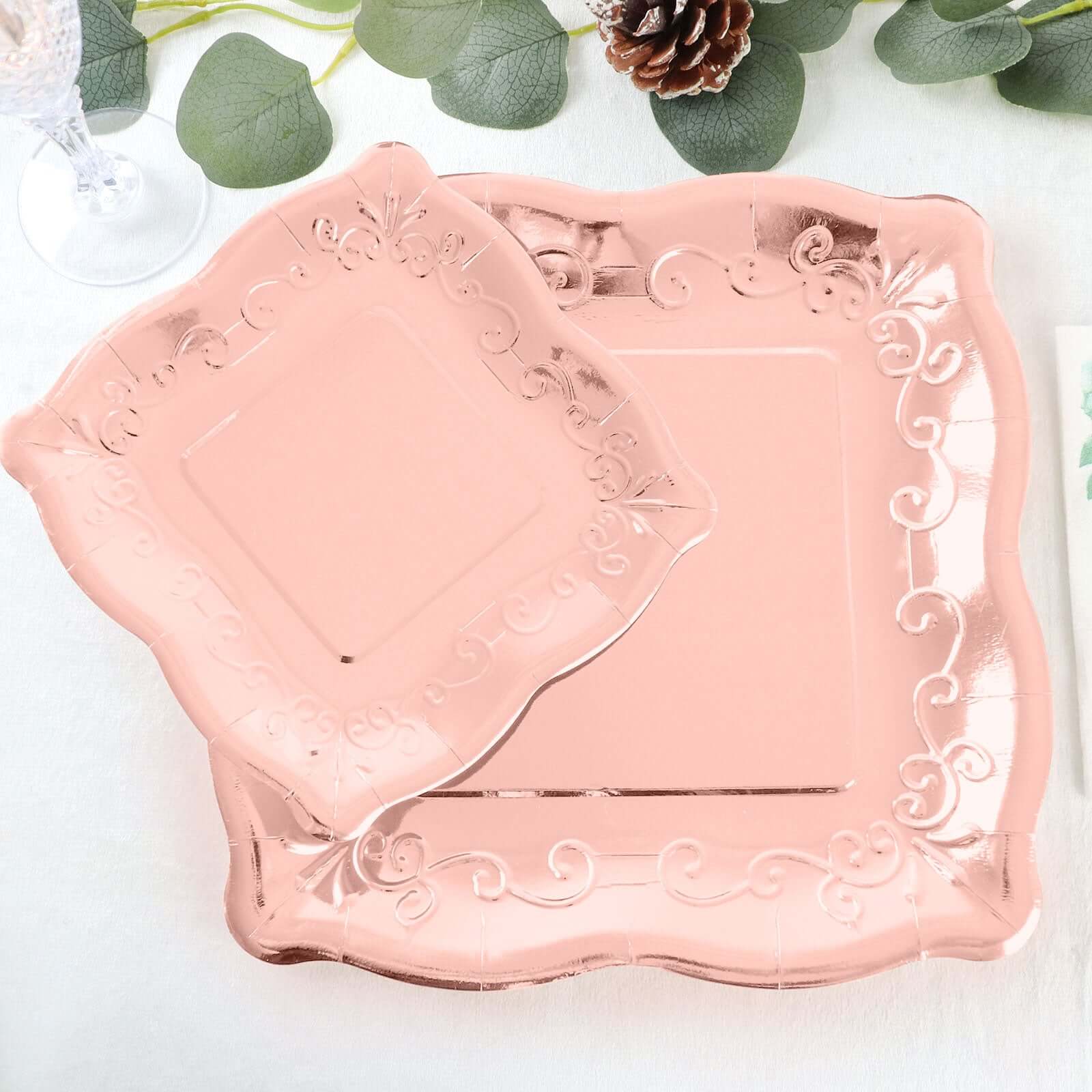 25-Pack Paper 7 Square Dessert Plates in Rose Gold with Vintage Pottery Embossed Design - Shiny Metallic Disposable Appetizer Plates