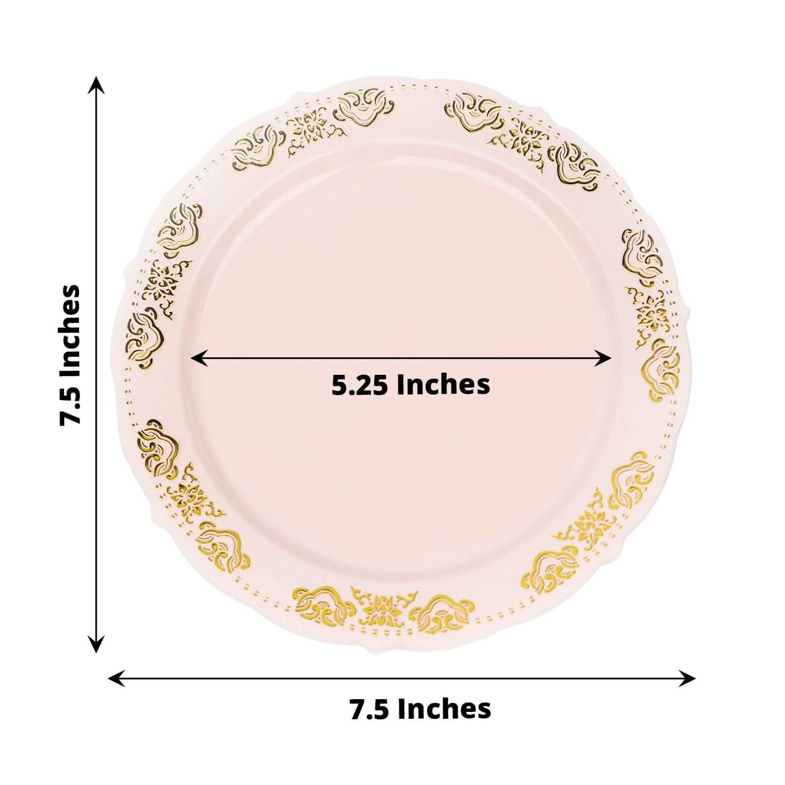 10-Pack Plastic 7.5 Round Appetizer Plates in Blush with Gold Embossed Scalloped Edge - Chic Disposable Salad Plates for Special Occasions & Banquets