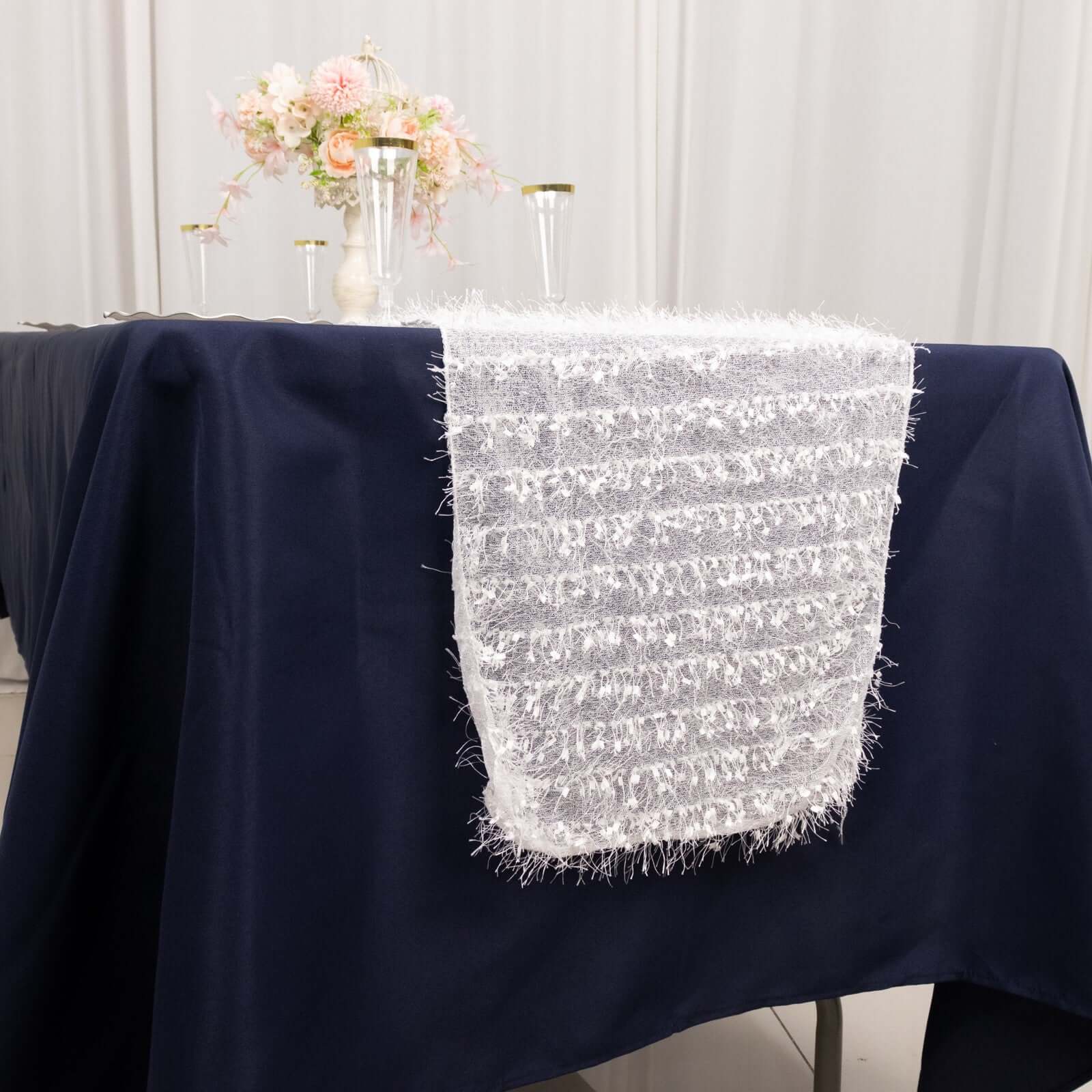 Polyester 12x108 Table Runner White - Fringe Shag Table Decor