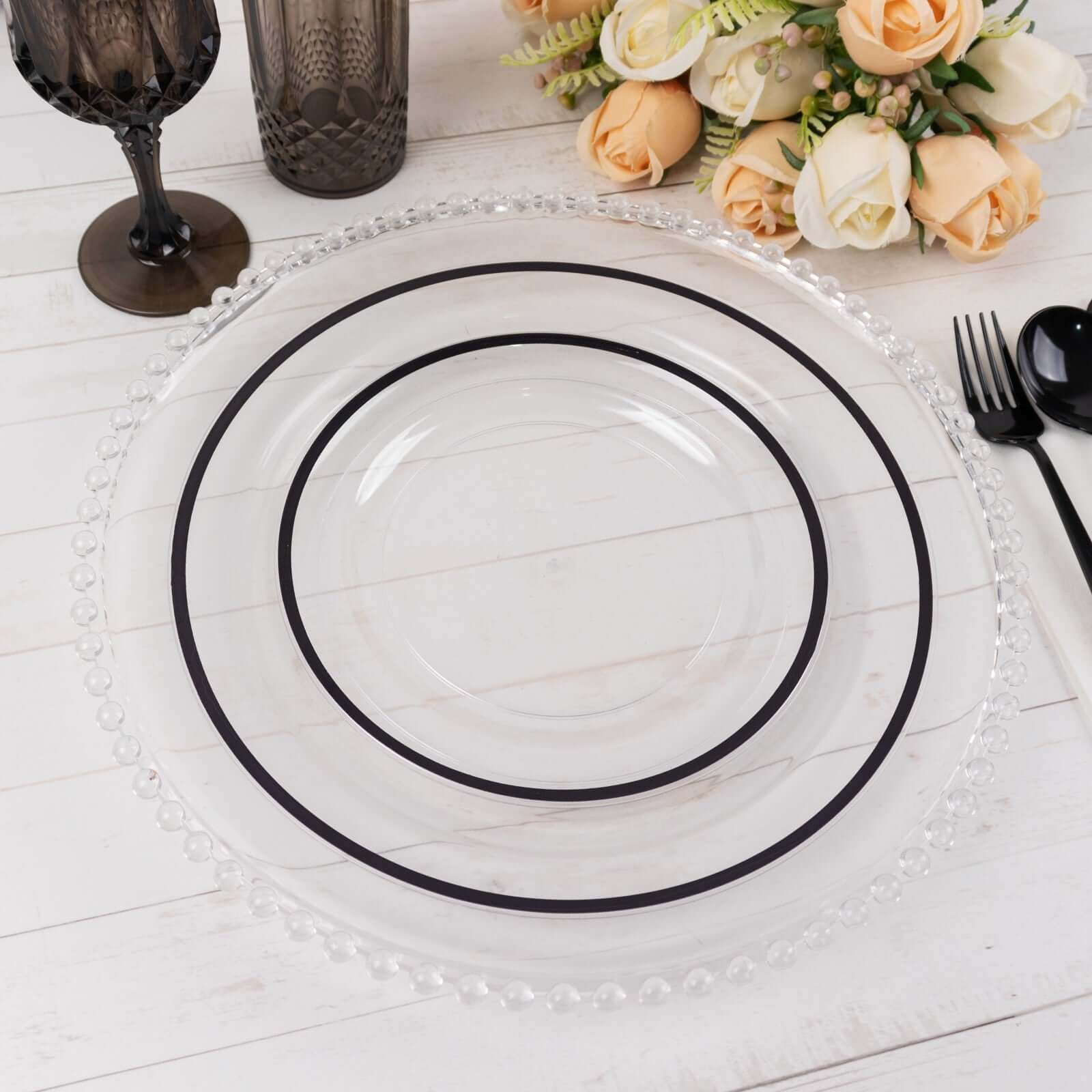 10-Pack Plastic 7 Round Appetizer Plates in Clear with Black Rim - Sleek Disposable Salad Plates for Banquets & Special Occasions