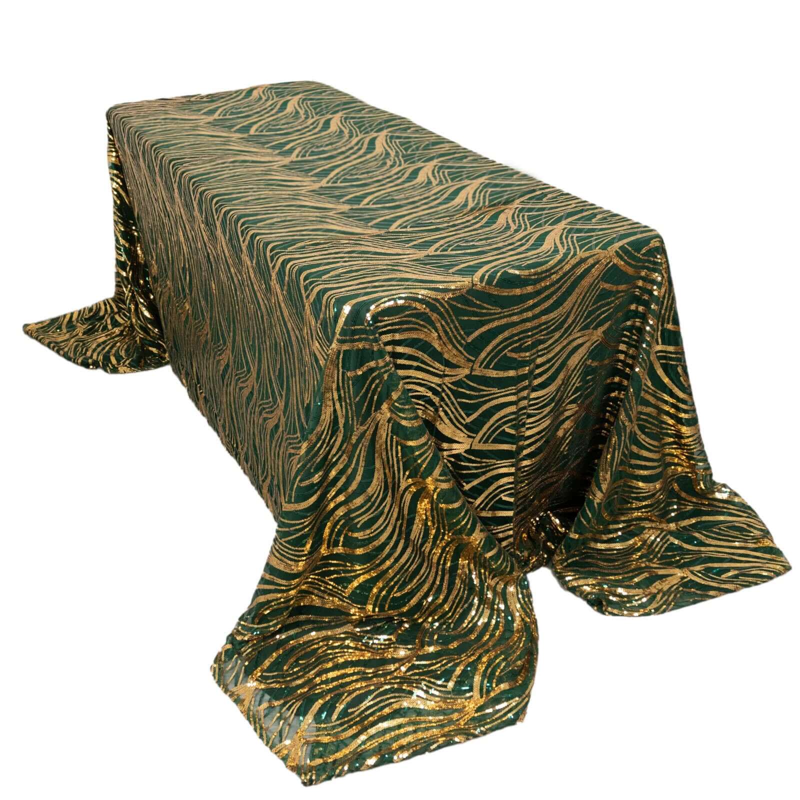 Mesh 90x156 Rectangle Tablecloth Hunter Emerald Green/Gold - Wave Sequin Embroidered Table Cover