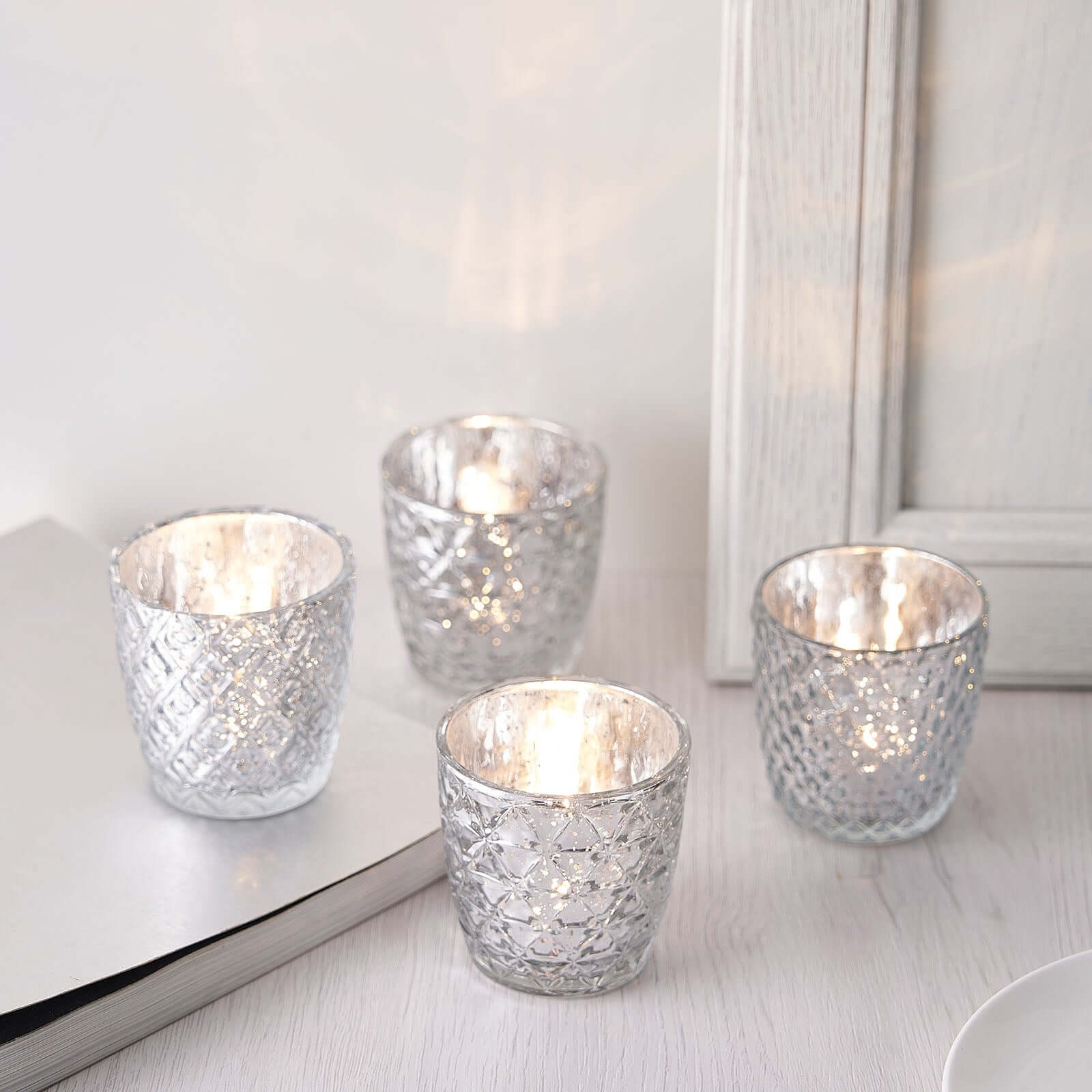 6-Pack Mercury Glass Votive Candle Holders Metallic Silver with Assorted Geometric Designs - Tealight Holders 3