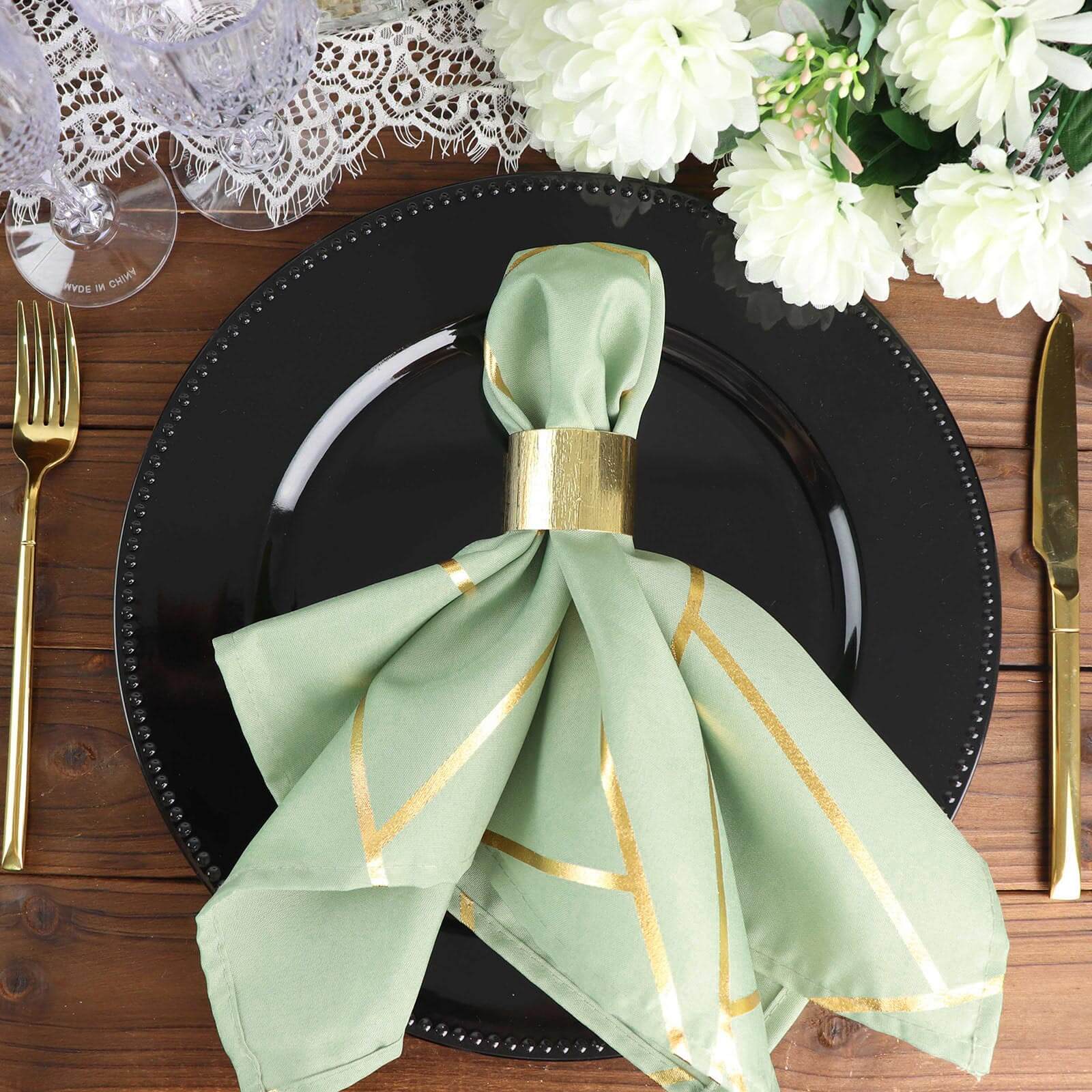 5 Pack Polyester 20x20 Napkins Sage Green with Gold Geometric Foil Pattern - Modern Reusable Dinner Napkins