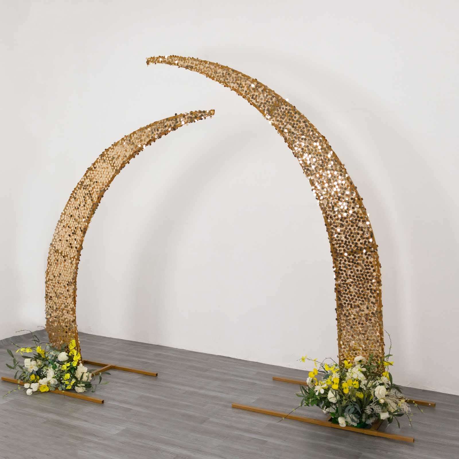 Set of 2 Gold Big Payette Sequin Backdrop Stand Cover for Half Crescent Moon Wedding Arch, Sparkly Double Sided - 6.5ft, 8ft